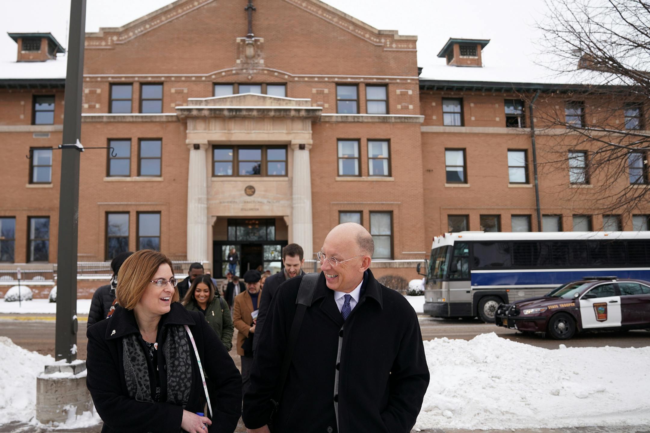 Minnesota Department of Corrections Commissioner Paul Schnell, right, spoke with Rep. Marion O'Neill, R-Maple Lake, as they left Stillwater prison.