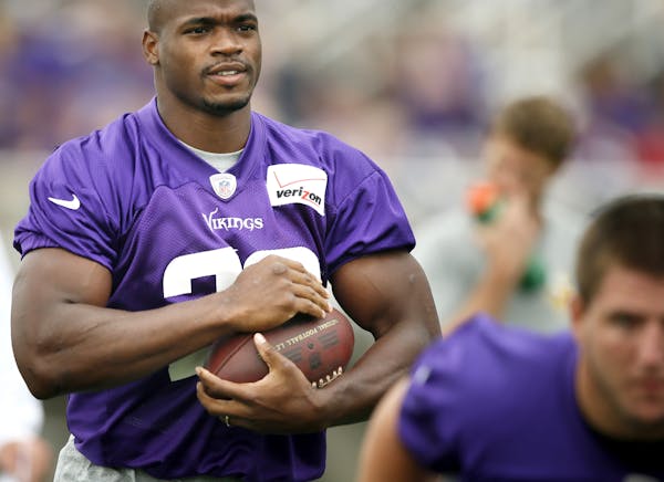 Adrian Peterson during training camp at Minnesota State Mankato last summer.