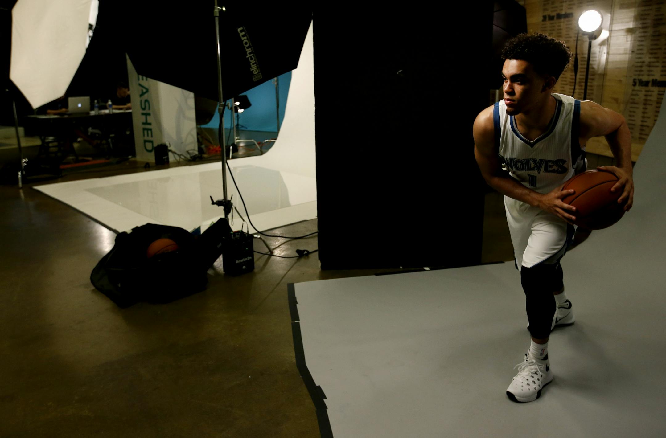 Minnesota Timberwolves rookie Tyus Jones posed for a portrait with Timberwolves photographer David Sherman during media day on Monday at Target Center.
