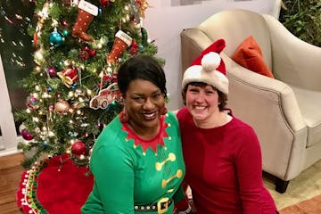 Jasmine Stringer, left, and Sharon Gifford, right, are the winners of the Hallmark Christmas Movie Dream Job contest. They'll watch 24 holiday movies 