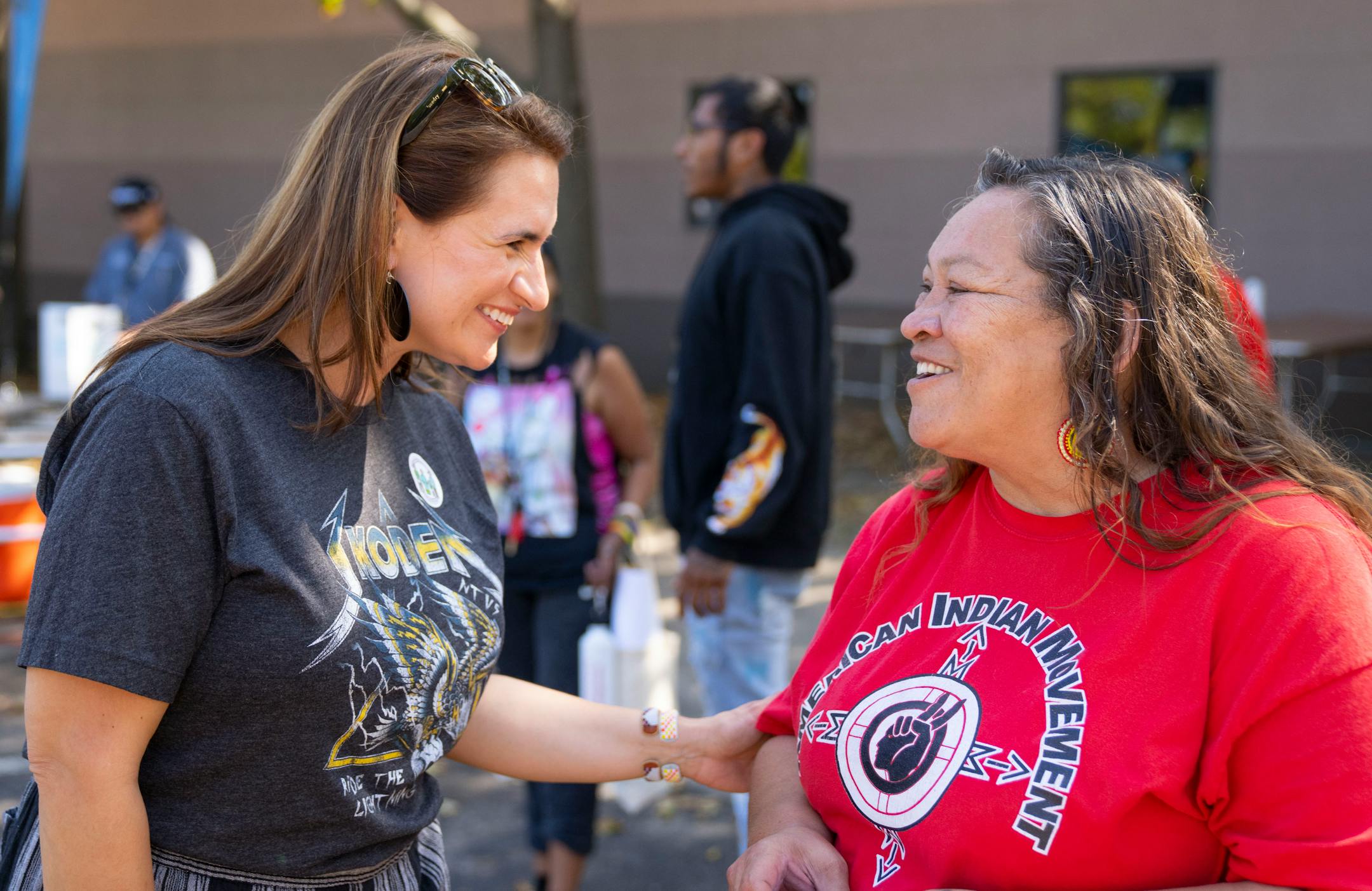 Minnesota Lieutenant Governor Peggy Flanagan chats with Jackie Neadeau, the director of AIM Minneapolis, at a "Get Out the Vote" event on Tuesday, Sep. 20, 2022 at American Indian OIC in Minneapolis.