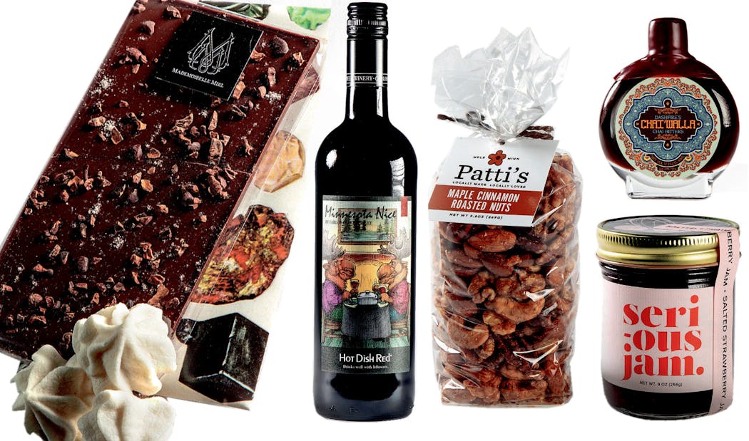 From left: Mademiuselle Miel chocolates, Carlos Creek Winery Hot Dish Red, Patti's granola and nuts, Dashfire bitters and Serious Jam.
