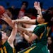 Ann Simonet (11) and Camille McCoy (32) of Park Center teamed up to block a shot by a Simlley player in the second half. ] CARLOS GONZALEZ cgonzalez@s
