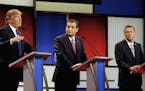 FILE- In this March 3, 2016 file photo, Republican presidential candidates, businessman Donald Trump, Sen. Ted Cruz, R-Texas, and Ohio Gov. John Kasic