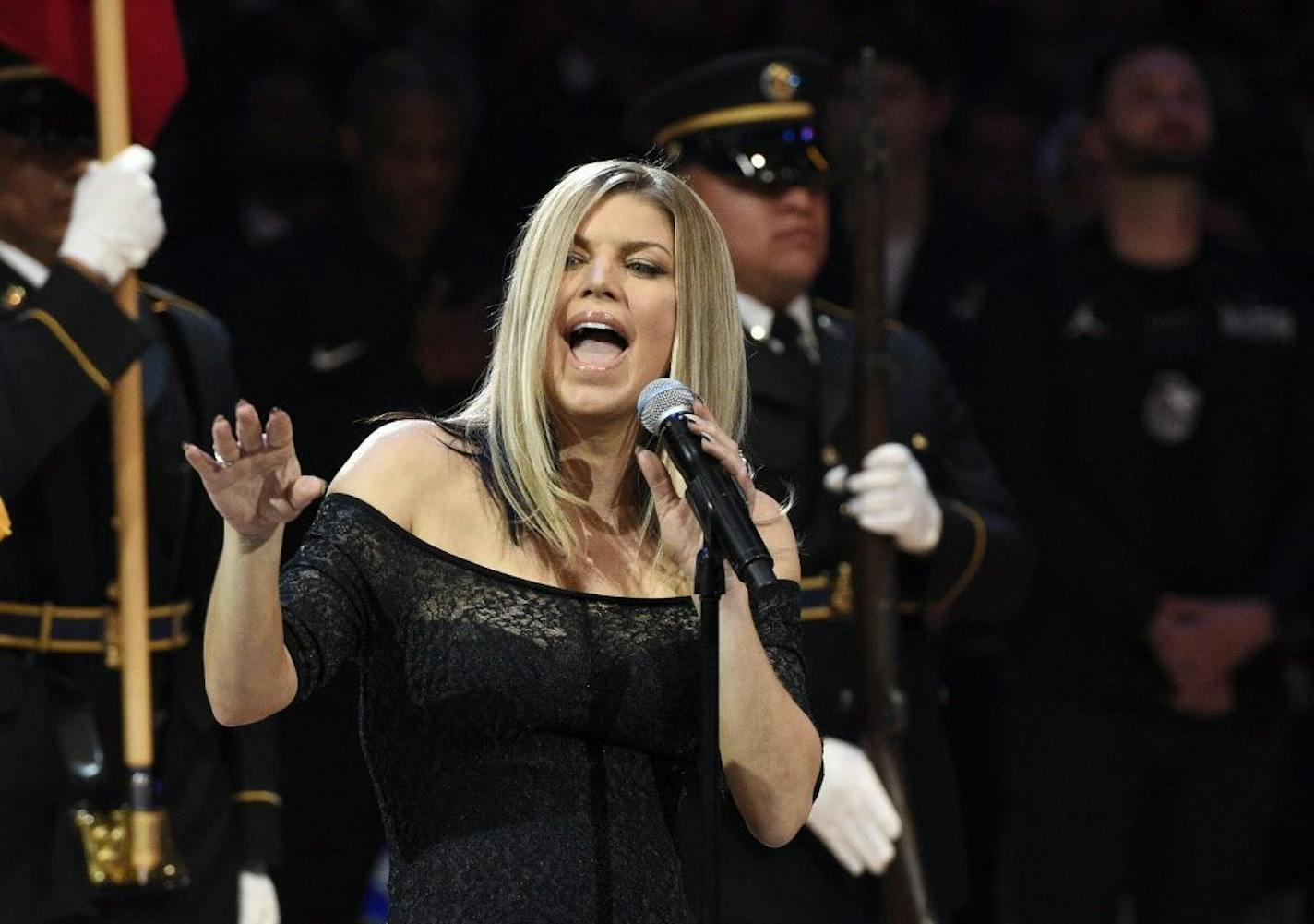 Fergie performs the national anthem before the NBA All-Star basketball game Feb. 18 in Los Angeles.