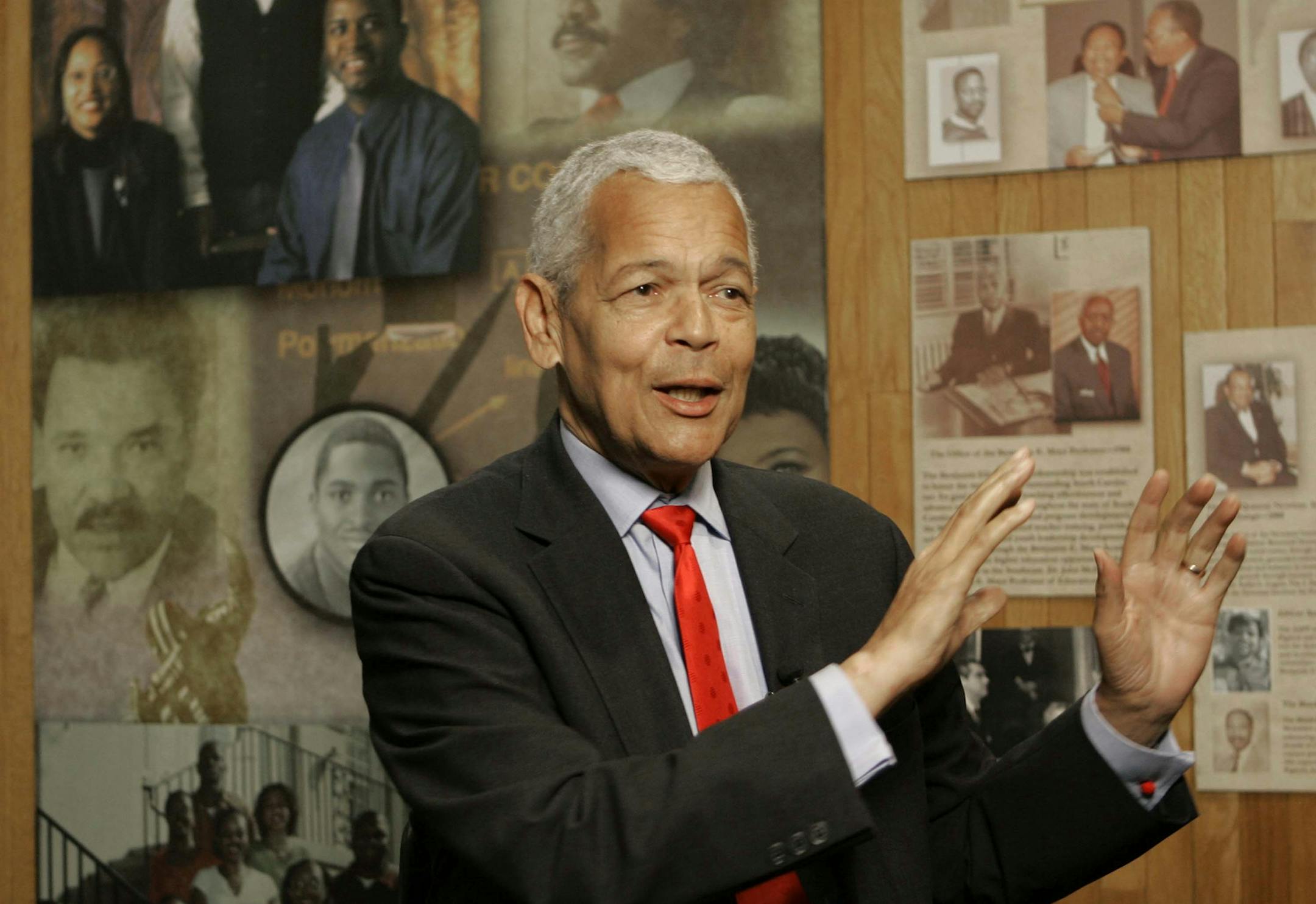 FILE- In this Oct. 13, 2006, file photo, Julian Bond, chairman of the Board for The National Association for the Advancement of Colored People, gestures as he talk to the media about the organization at The University of South Carolina in Columbia, S.C. Bond, a civil rights activist and longtime board chairman of the NAACP, died Saturday, Aug. 15, 2015, according to the Southern Poverty Law Center. He was 75. (AP Photo/Mary Ann Chastain, File) ORG XMIT: MIN2015081712261028