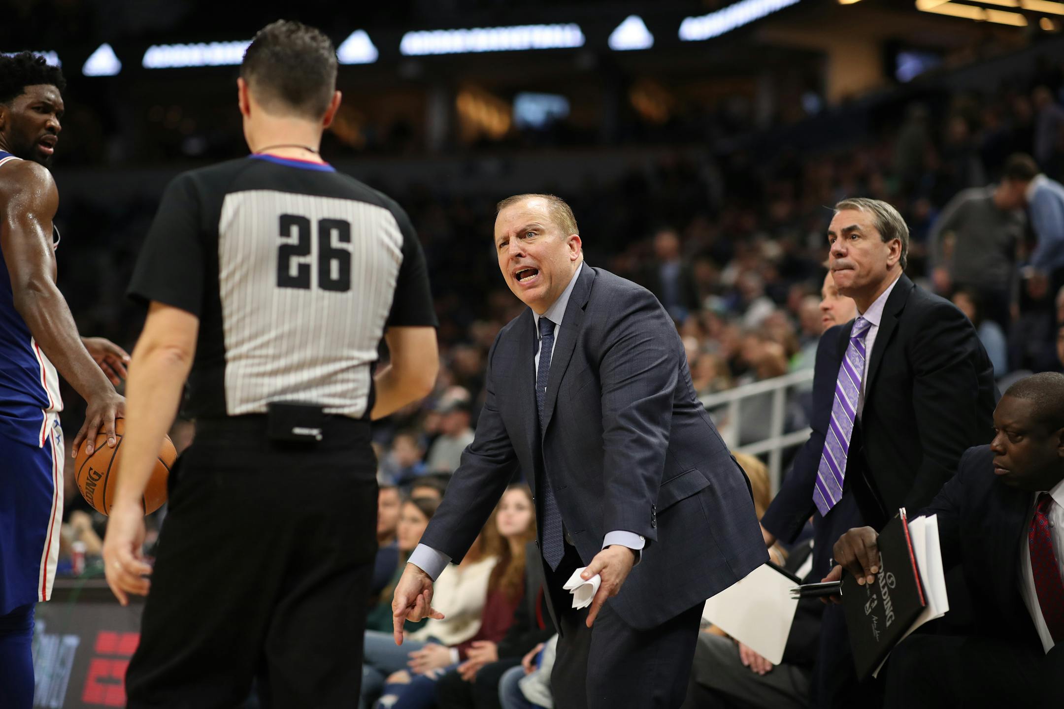 Minnesota Timberwolves head coach Tom Thibodeau yelled at officials Pat Fraher during NBA action at Target Center Tuesday December 12, 2017 in Minneapolis, MN.] The Minnesota Timberwolves hosted the Philadelphia 76ers at Target Center. JERRY HOLT � jerry.holt@startribune.com