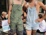 Two male students at Edina High School wore overalls without shirts underneath to protest the rumored changes to the school dress code.