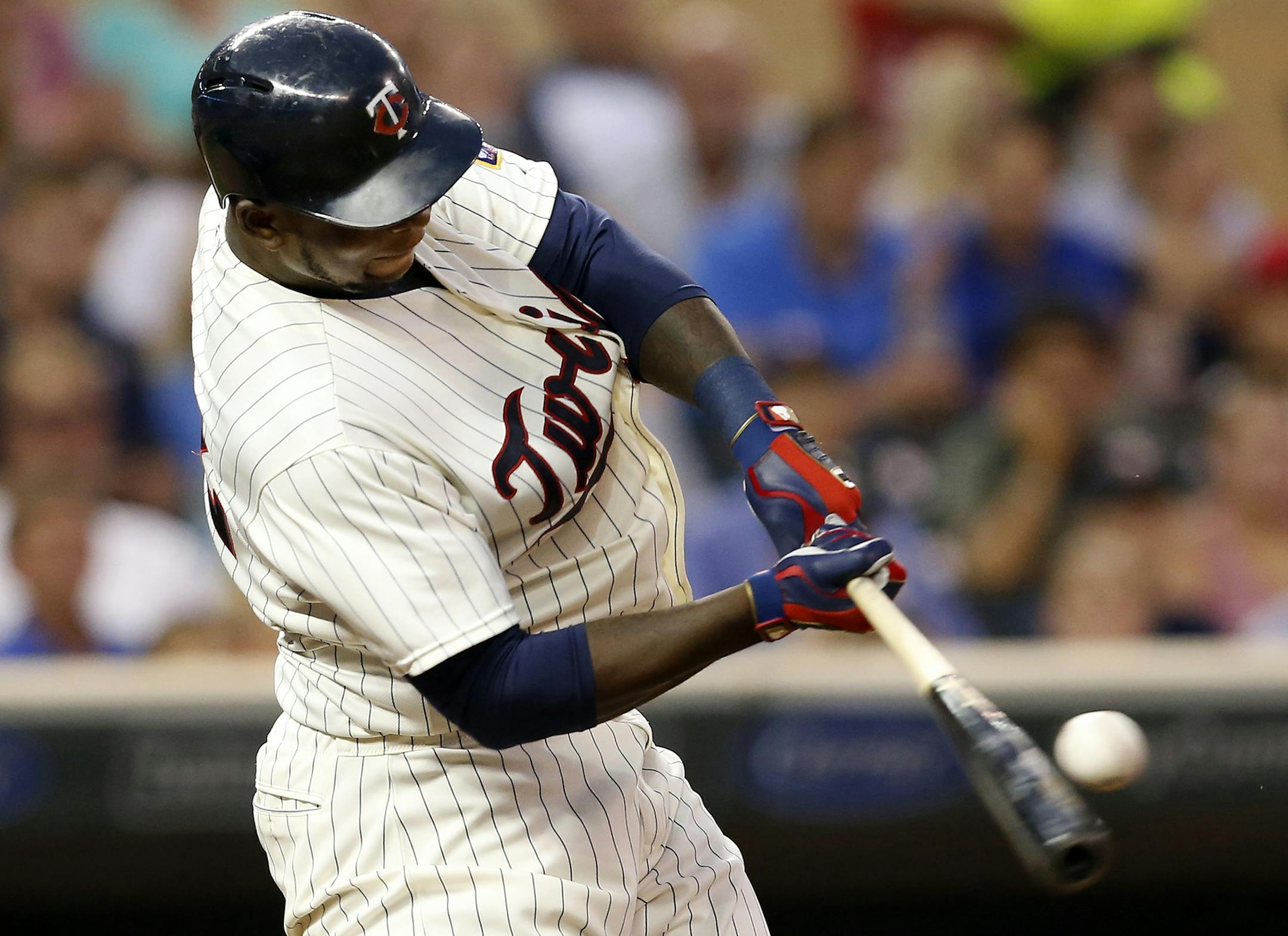 Minnesota Twins Miguel Sano hit a home run in the fourth inning off of Rangers pitcher Nick Martinez. The home run was his second of the game. ] CARLOS GONZALEZ cgonzalez@startribune.com - August 12, 2015, Minneapolis, MN, Target Field, Minnesota Twins vs. Texas Rangers