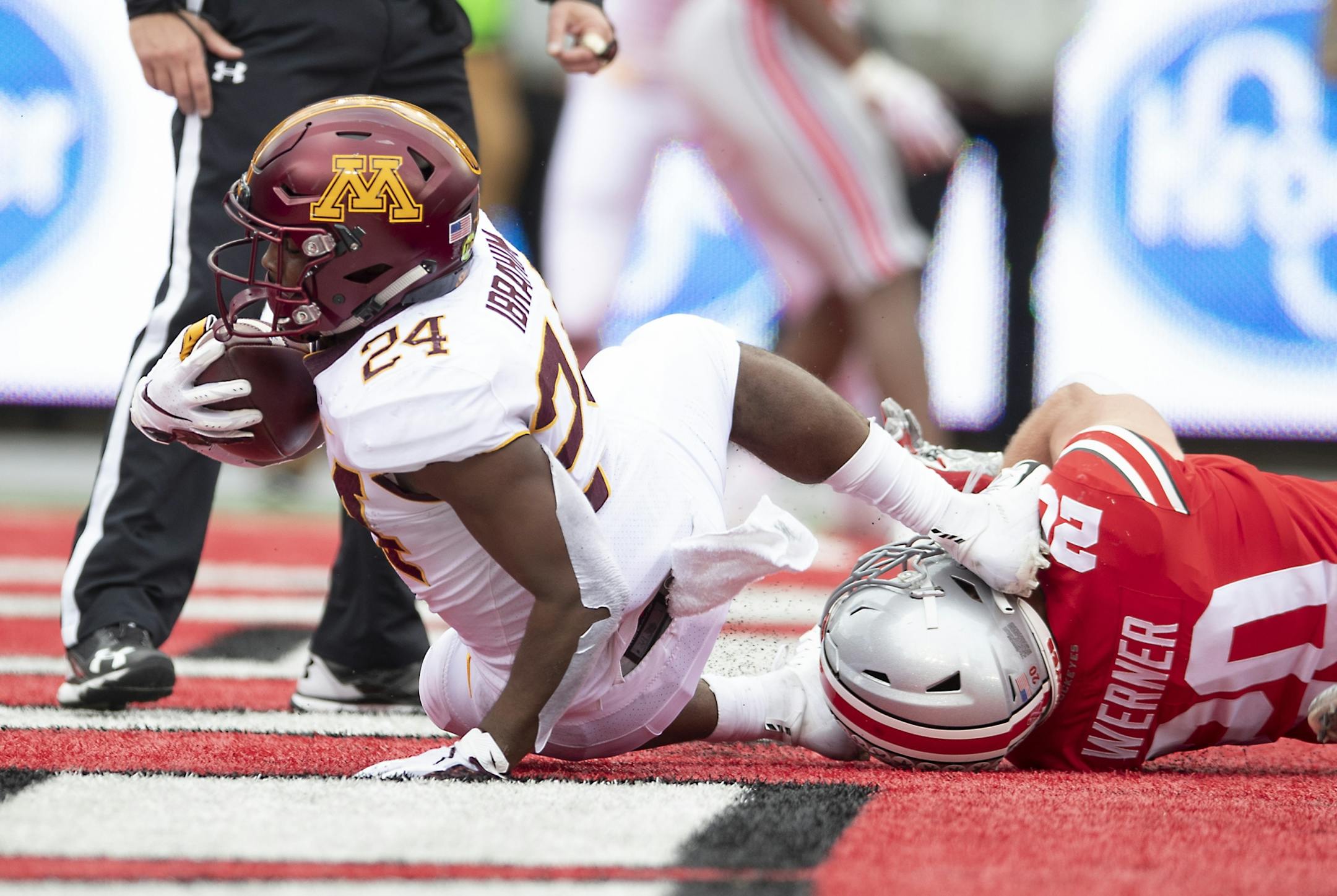 Minnesota's running back Mohamed Ibrahim drove the ball into the end zone for a touchdown during the second quarter as Minnesota took on Ohio State at Ohio Stadium, Saturday, October 13, 2018 in Columbus, OH.
