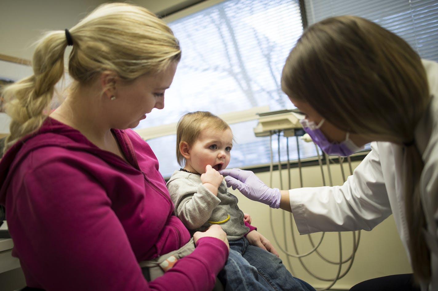 Hazel Johnson, 1, was held by her mother, Lacey Johnson, of Robbinsdale as Doctor of Dental Surgery, Kirsten Langguth, counted Hazel's teeth during a free dental care clinic for children in need at Park Dental in Minnetonka. ] (AARON LAVINSKY/STAR TRIBUNE) aaron.lavinsky@startribune.com The U of M is asking the Legislature for $1 million to keep its mobile dental lab on the road, citing the need to serve low-income families and train dental students. We photograph the annual free dental care cli