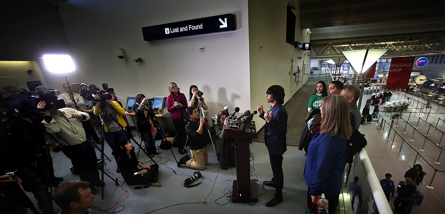 Shezanne Cassim, Woodbury, returned to Minnesota after being ., jailed in the United Arab Emirates for nine months. Cassim was arrested on April 7, 2013 in Dubai, UAE, for uploading a satirical sketch comedy video to YouTube. Cassim offered a brief statement upon his arrival at Minneapolis St.Paul International Airport. ] JIM GEHRZ &#x201a;&#xc4;&#xa2; jgehrz@startribune.com / Minneapolis, MN / January 9, 2014 / 3:00 PM