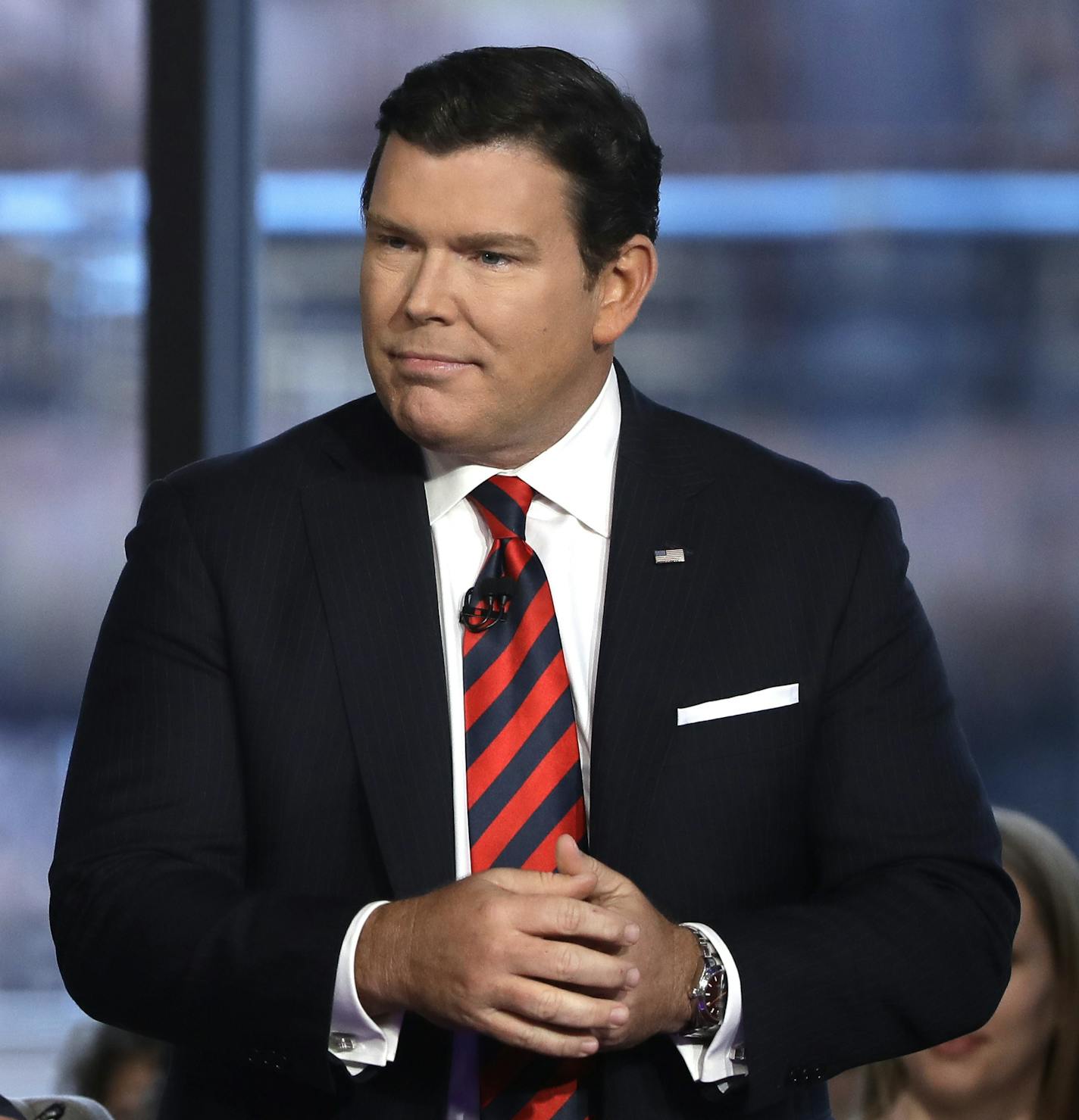 Bret Baier, right, and Martha MacCallum, left, during a Fox News town-hall style event with Sen. Bernie Sanders Monday April 15, 2019 in Bethlehem, Pa. (AP Photo/Matt Rourke)