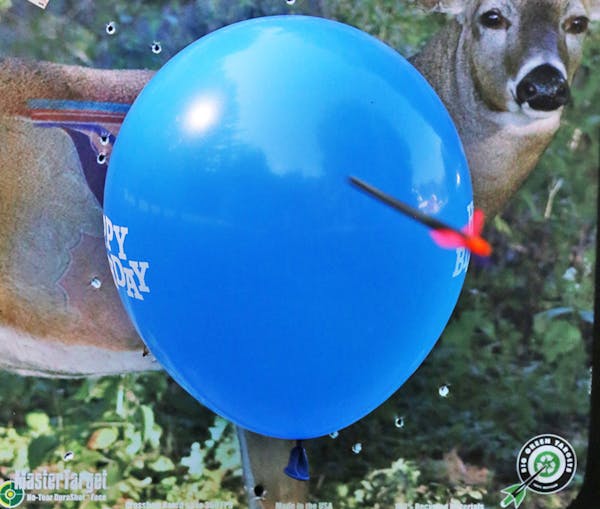 An arrow pierces a balloon a fraction of an instant before popping it.