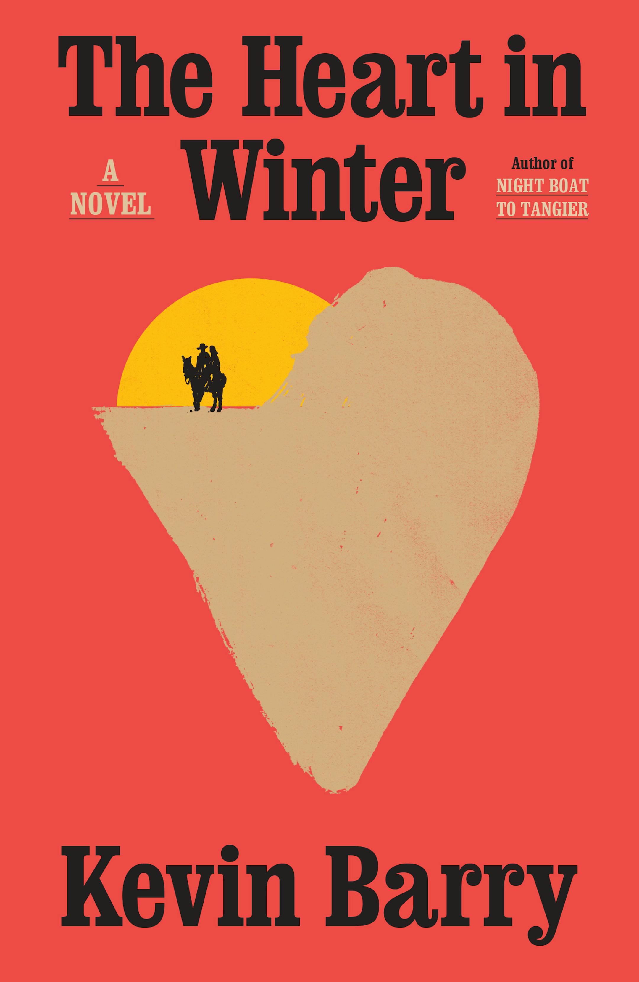 Cover of The Heart in Winter features an illustration of a giant heart and a tiny couple on horseback