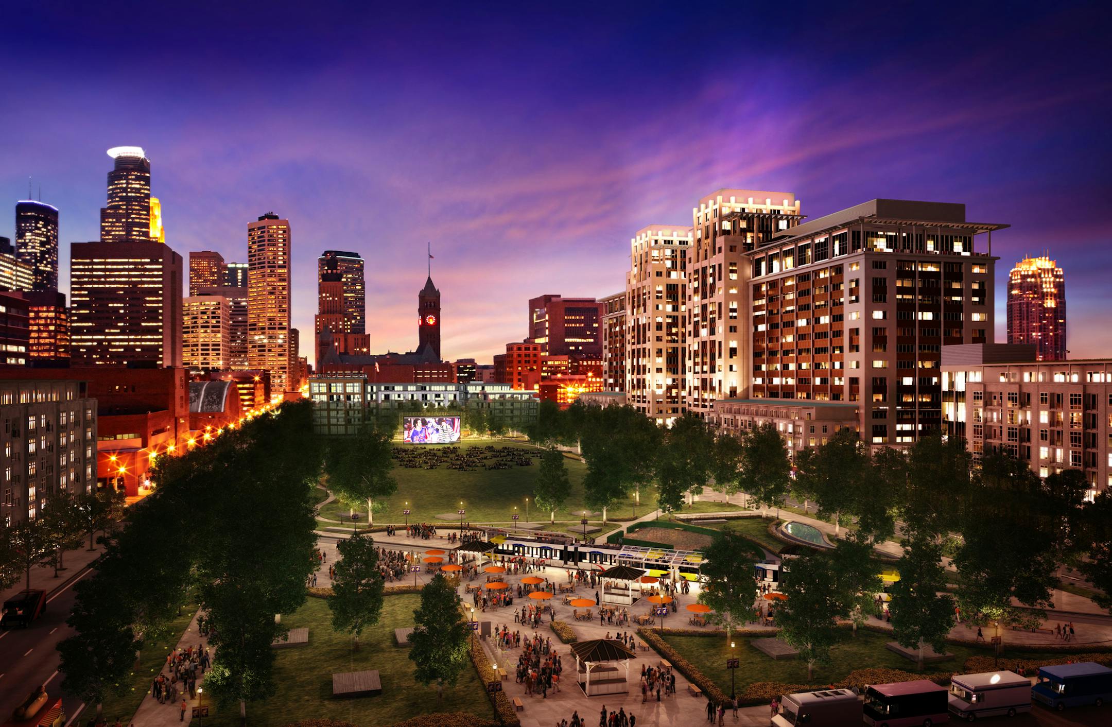 architects rendering of 'Downtown East' - development on Star Tribune site, next to new Vikings stadium