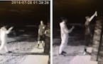 Maplewood police are looking for two suspects caught on camera spray-painting the back of the Alsalam Mosque early on July 29.