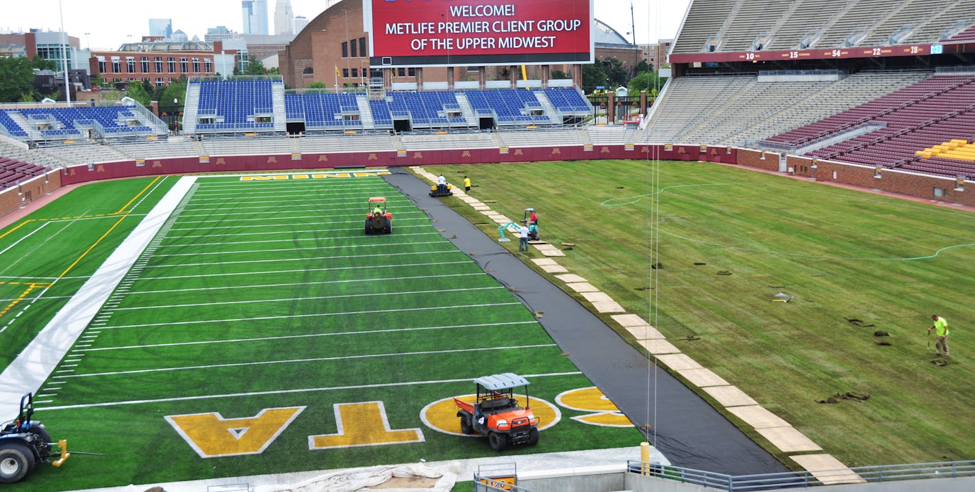 In a TCF Bank Stadium first, the artificial turf is being covered and grass is being put in for a soccer match this weekend pitting a team from Britain against a team from Greece as part of the Guinness International Champions Cup.