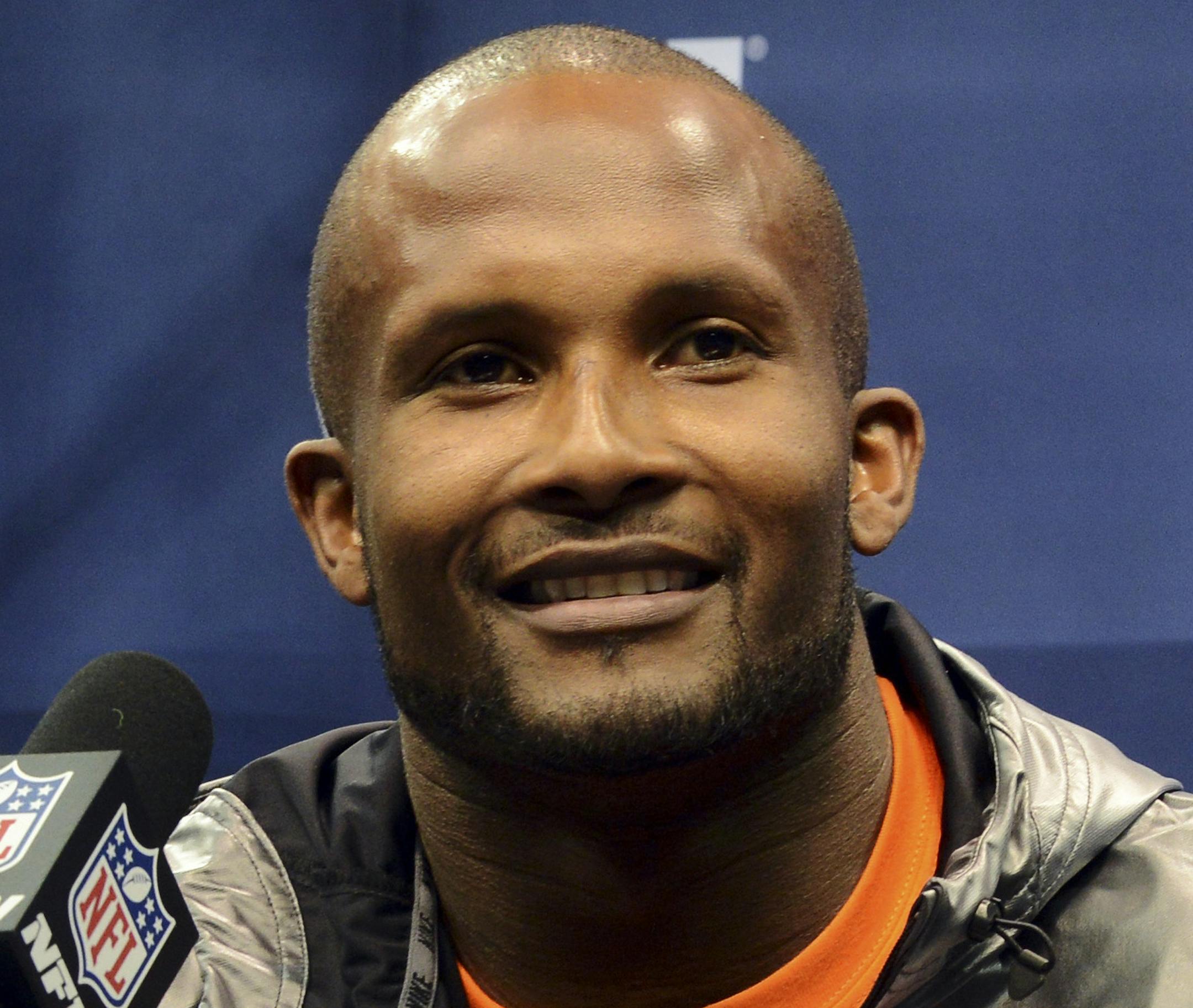 Denver Broncos cornerback Champ Bailey speaks to reporters during Super Bowl Media Day at the Prudential Center in Newark, N.J., Jan. 28, 2014. The Broncos will play against the Seattle Seahawks on Sunday night at MetLife Stadium in Super Bowl XLVIII. (Barton Silverman/The New York Times)