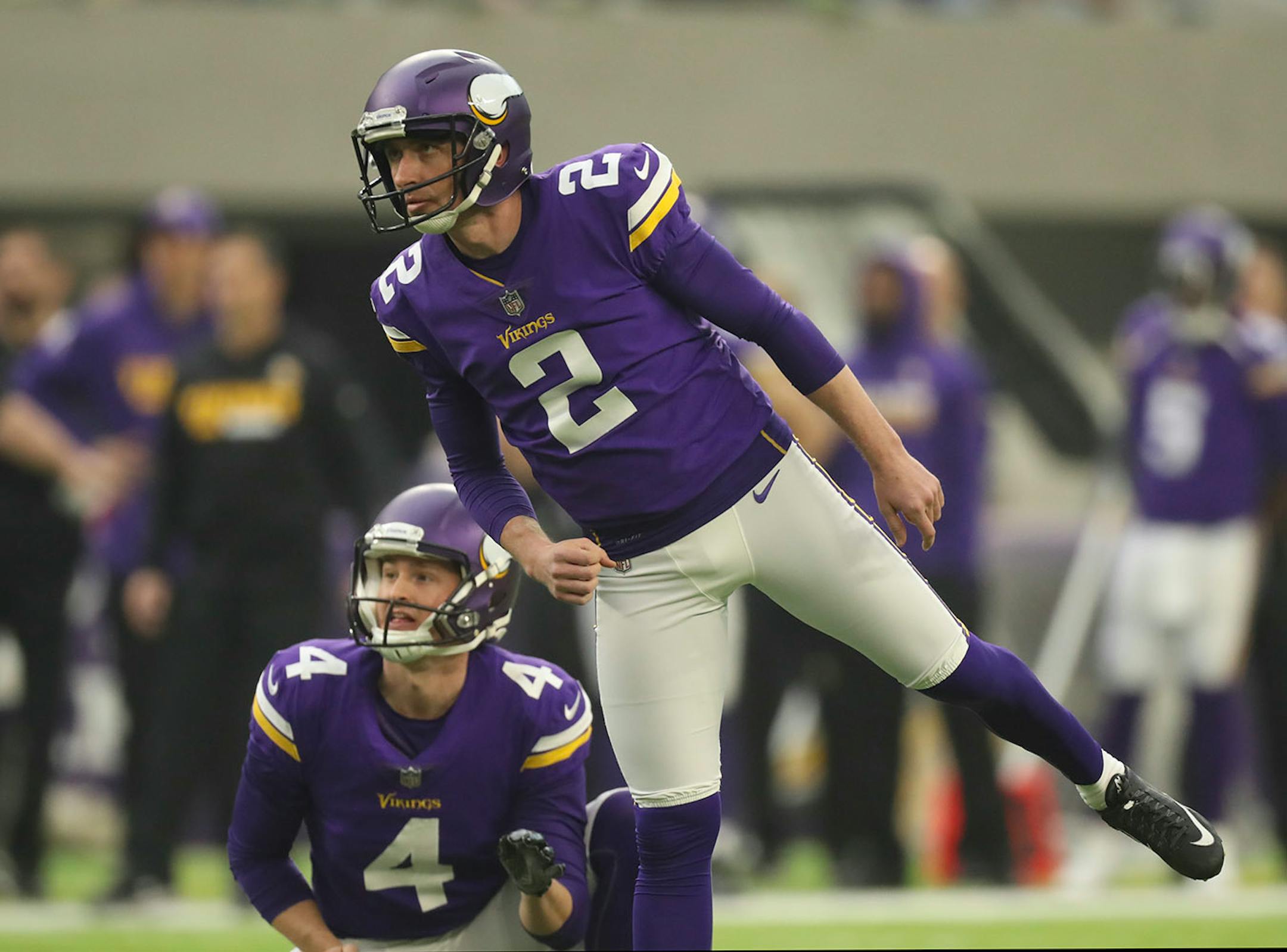 Minnesota Vikings kicker Kai Forbath (2) watched his 53 yard field goal lift the Vikings over the Bengals 17-0 in the second quarter.