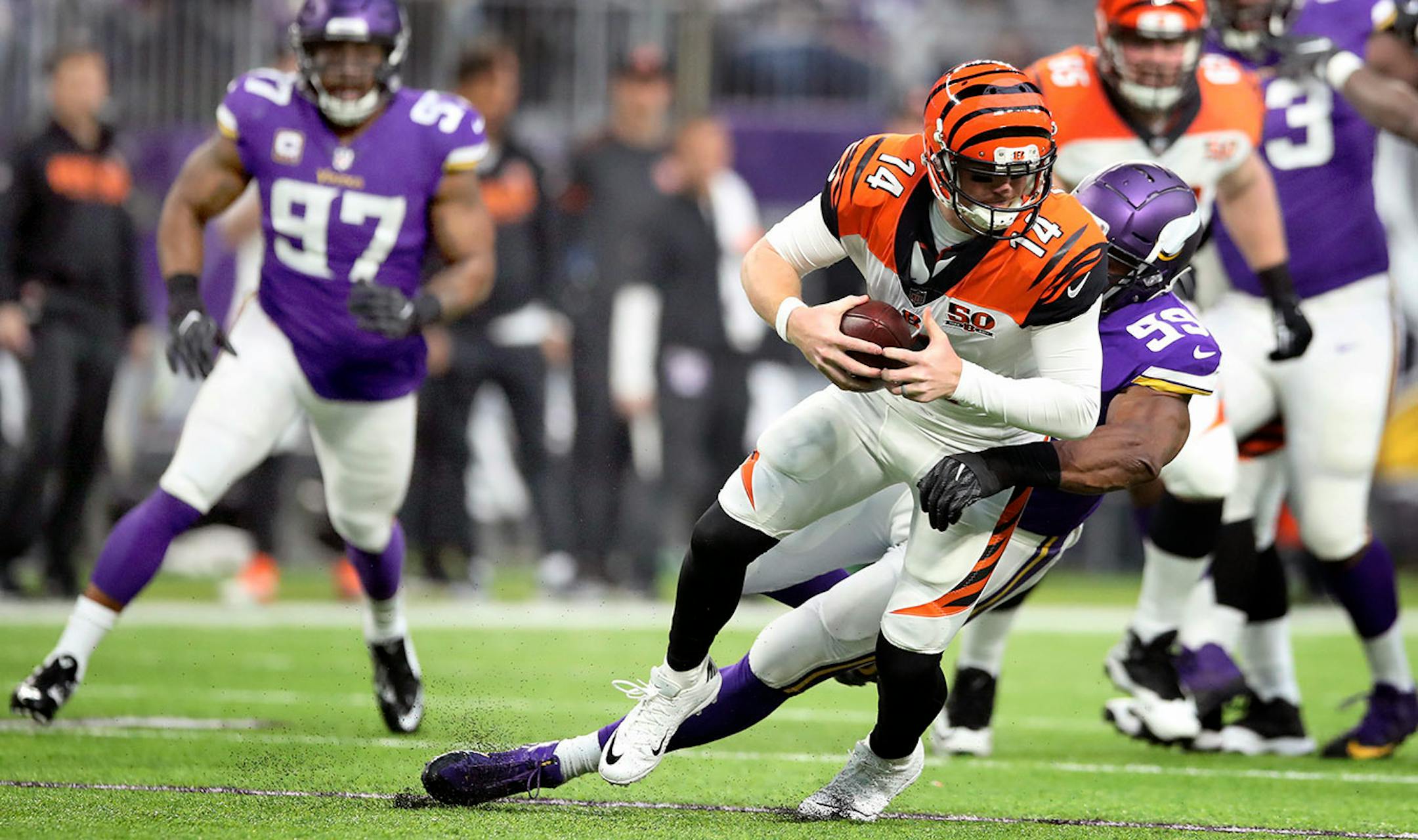 Minnesota Vikings defensive end Danielle Hunter (99) sacked Cincinnati Bengals quarterback Andy Dalton (14) in the second quarter at U.S.Bank Stadium Sunday December 17, 2017 in Minneapolis, MN.