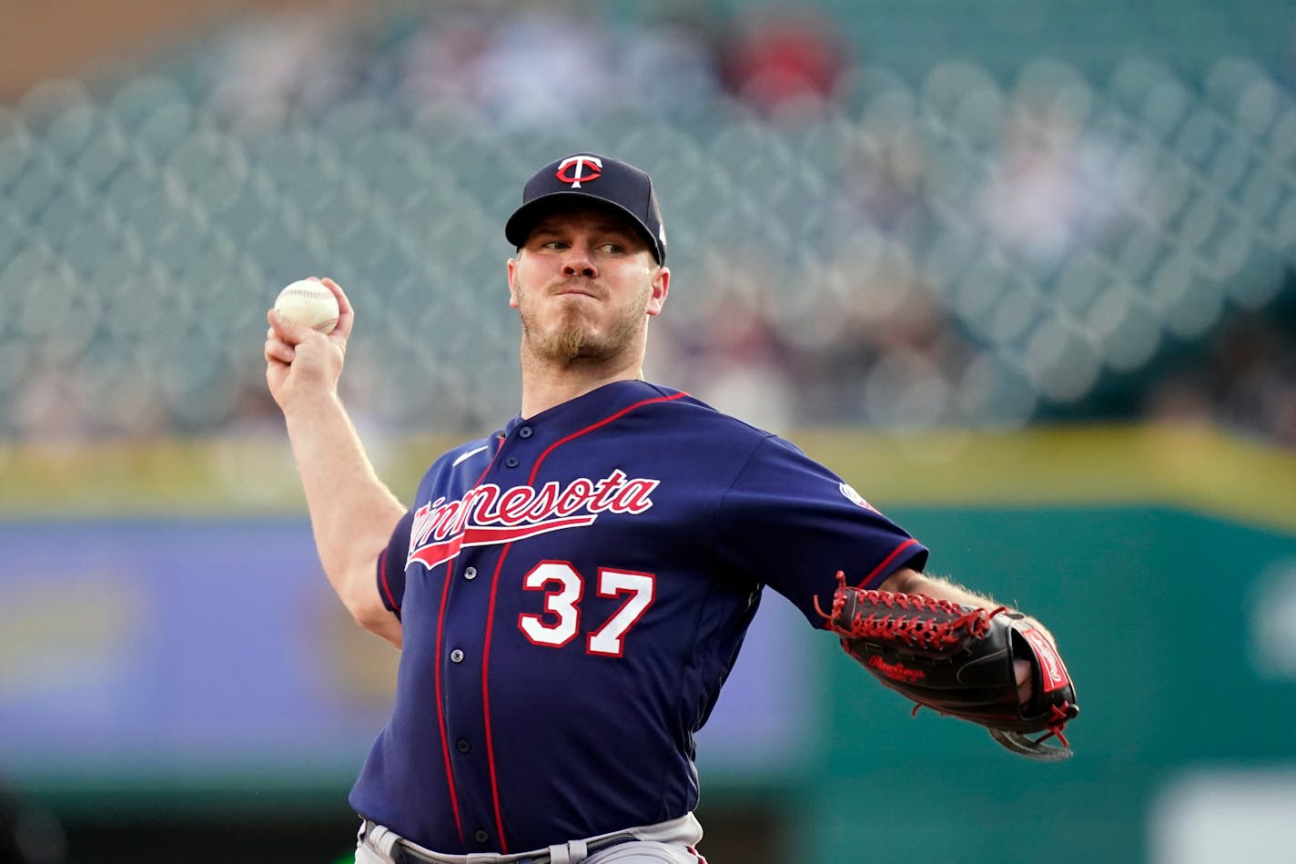 Minnesota Twins starting pitcher Dylan Bundy throws during the first inning of a baseball game against the Detroit Tigers, Saturday, Oct. 1, 2022, in Detroit. (AP Photo/Carlos Osorio)