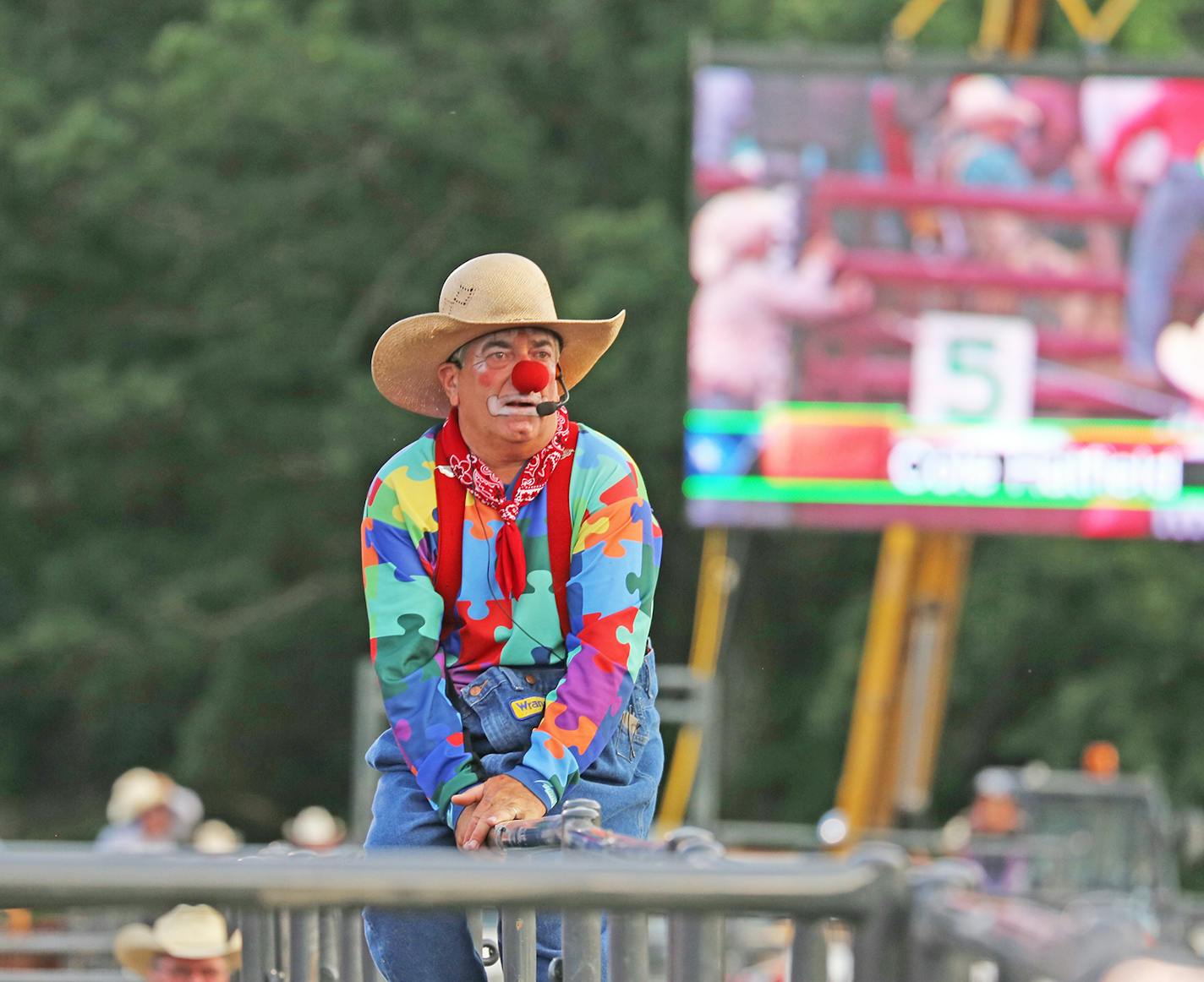 Rodeo clown Donnie Landis of Gooding, Idaho, watched from atop arena fencing while a saddle bronc rider busted out of a chute Sunday night at the big Hamel rodeo &#xf3; action reflected in the jumbo screen behind.