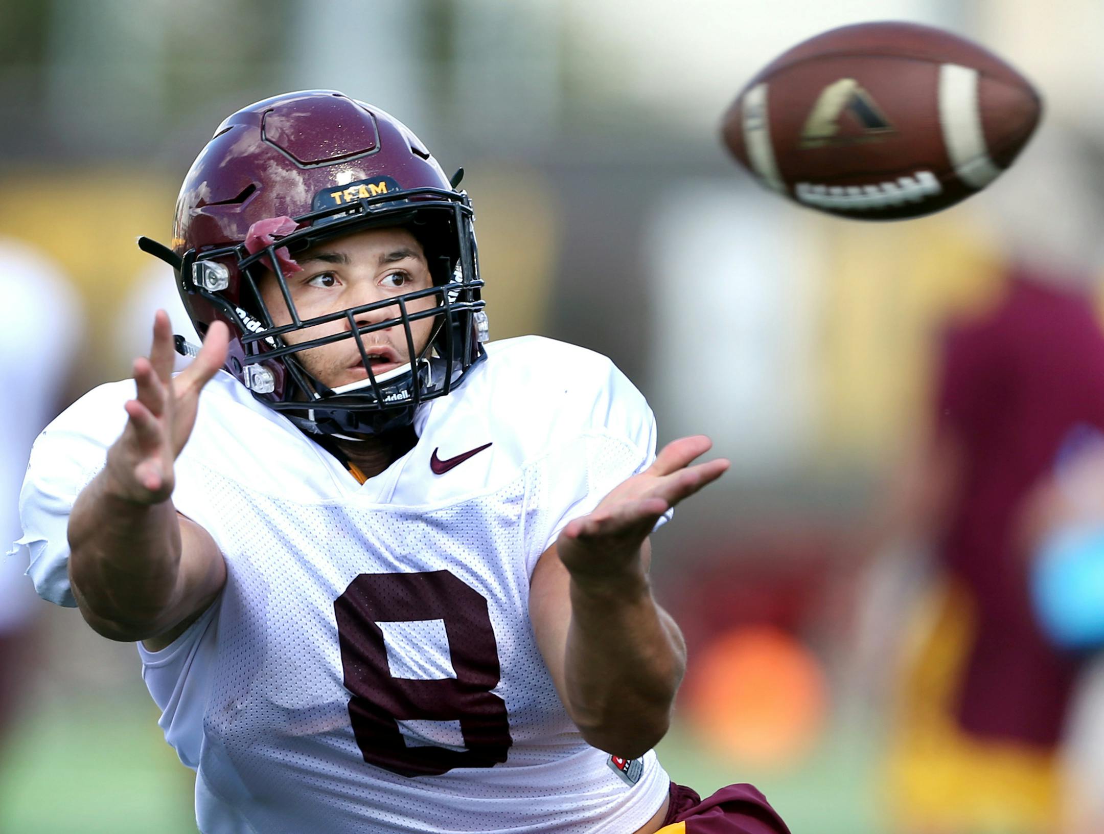 Running back Shannon Brooks waited for a pass during practice . The University of Minnesota football team had it's first full practice Monday August 10, 2015 in Minneapolis, MN. ] Jerry Holt/ Jerry.Holt@Startribune.com