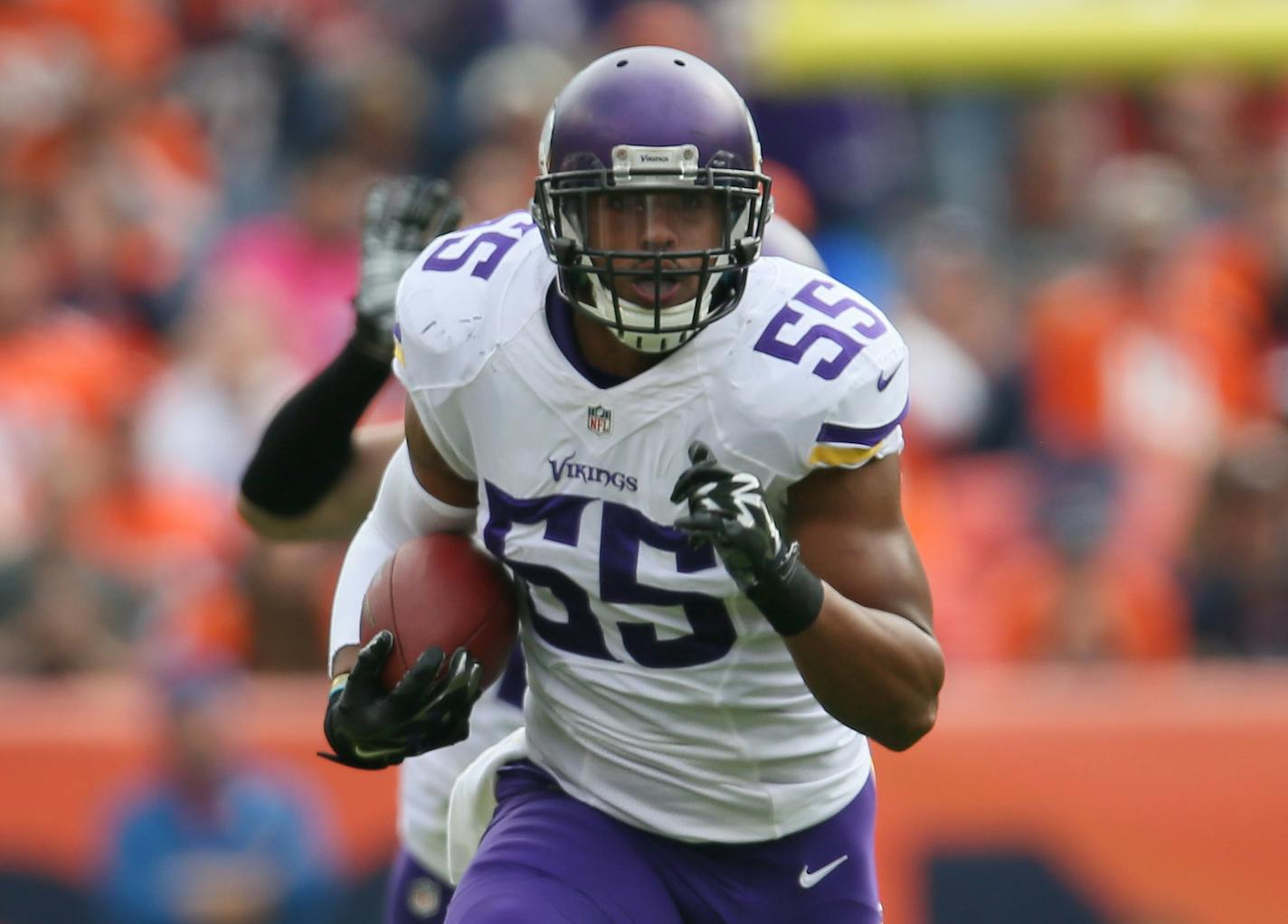 Vikings, Anthony Barr intercepted a pass in the 2nd quarter and ran 32 yards to set up the vikings 1st TD. ] Minnesota Vikings vs Denver Broncos, Sports Authority Field at Mile High Stadium. Brian.Peterson@startribune.com Denver, CO - 10/04/2015