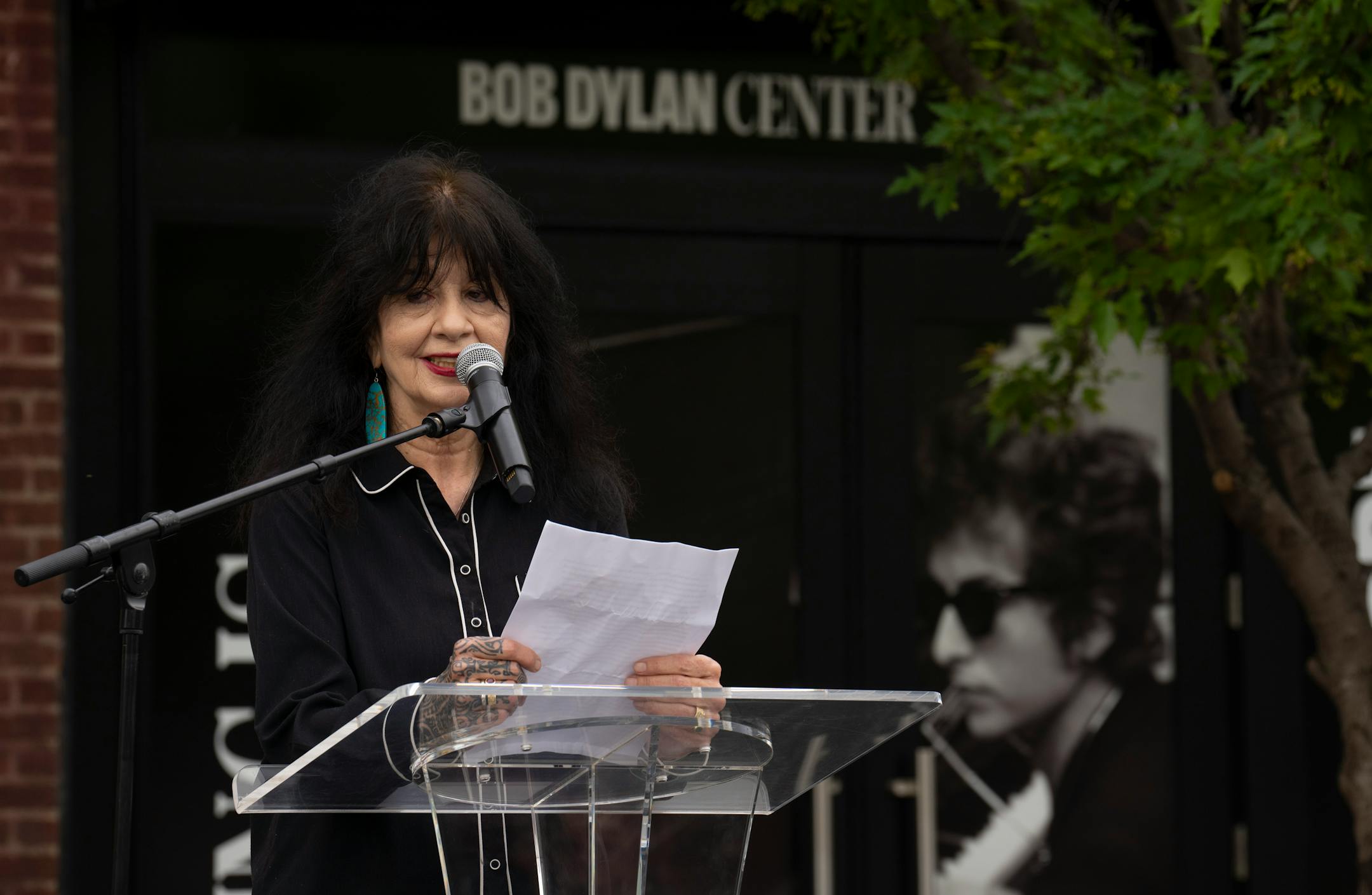 Joy Harjo, Tulsa native and the 23rd Poet Laureate of the United States, read a piece she wrote about the Dylan song "Tangled Up in Blue" at the ribbon-cutting ceremony for the Bob Dylan Center in Tulsa, Okla. on Tuesday, May 10, 2022.