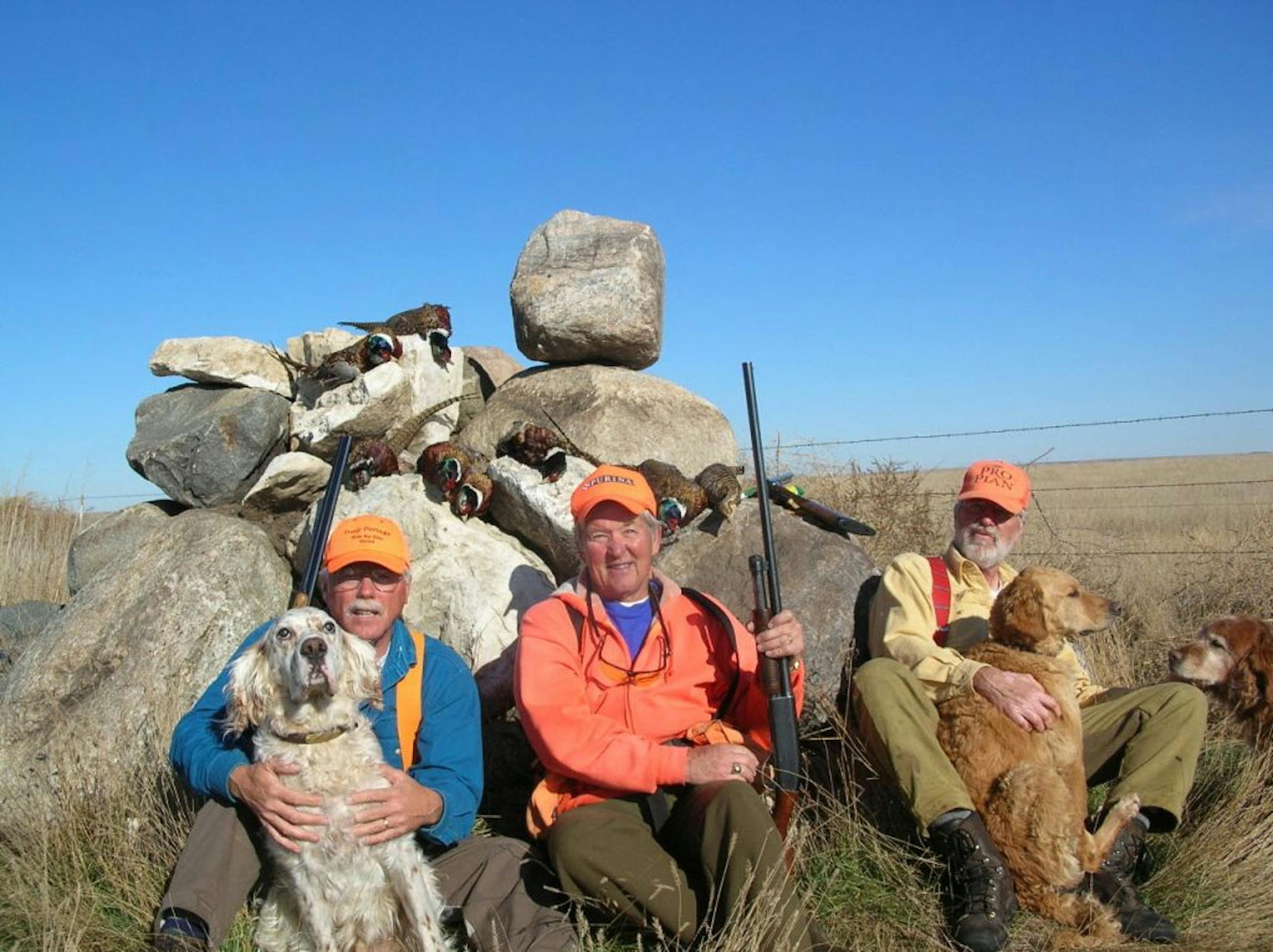 Hunting buddies Moody (left) with Golly; Don Collins of Delano, and Larry Olson, Backus, Minn., with his Golden retrievers, Jessie and Cass on a South Dakota hunt.