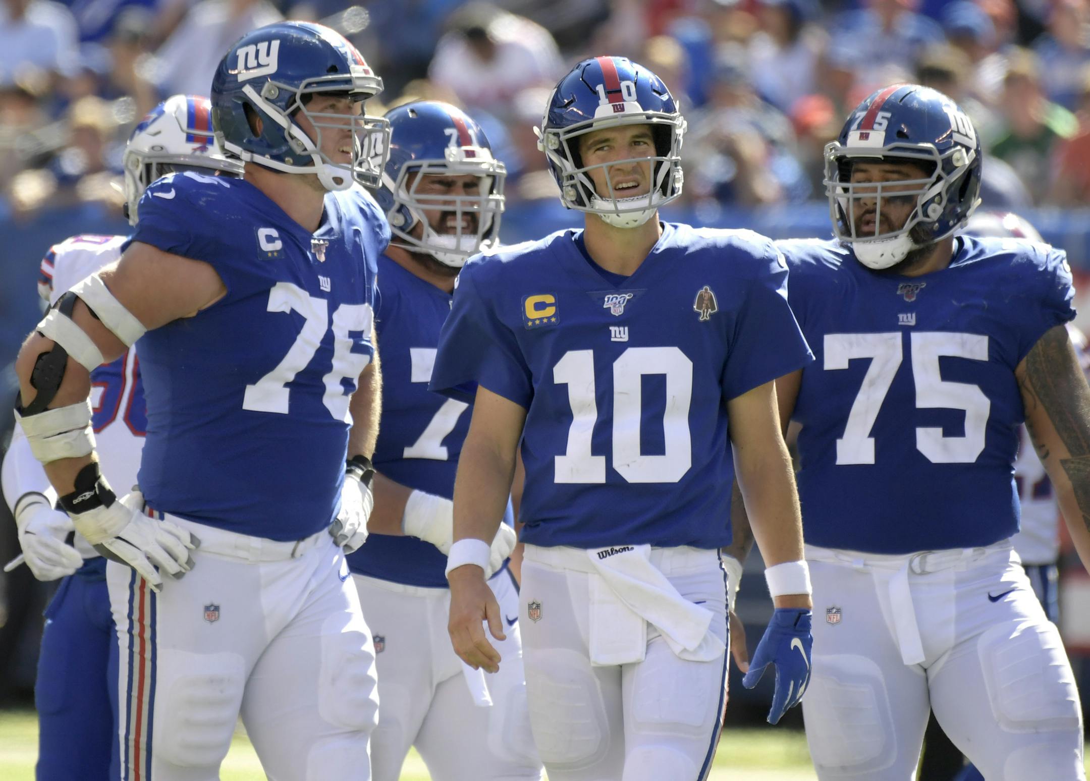 New York Giants quarterback Eli Manning (10) reacts during the second half of an NFL football game against the Buffalo Bills, Sunday, Sept. 15, 2019, in East Rutherford, N.J. (AP Photo/Bill Kostroun) ORG XMIT: OTK