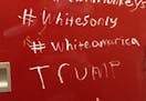 This is part of the graffiti found Wednesday at Maple Grove Senior High School. (A racial epithet and profanity have been cropped from the image.)