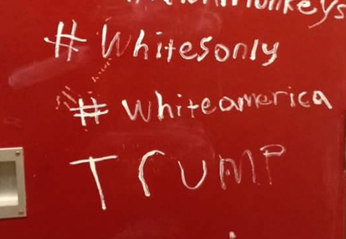 This is part of the graffiti found Wednesday at Maple Grove Senior High School. (A racial epithet and profanity have been cropped from the image.)