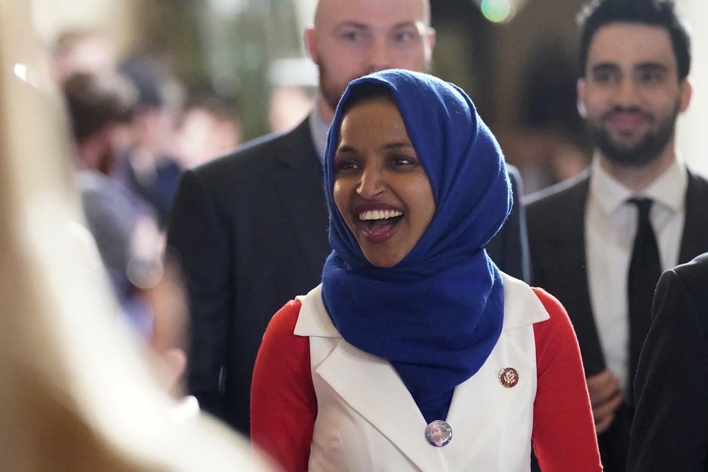 Rep. Ilhan Omar, D-Minn., arrives for President Donald Trump's State of the Union address to a joint session of Congress on Capitol Hill in Washington, Tuesday, Feb. 5, 2019. (AP Photo/Carolyn Kaster)