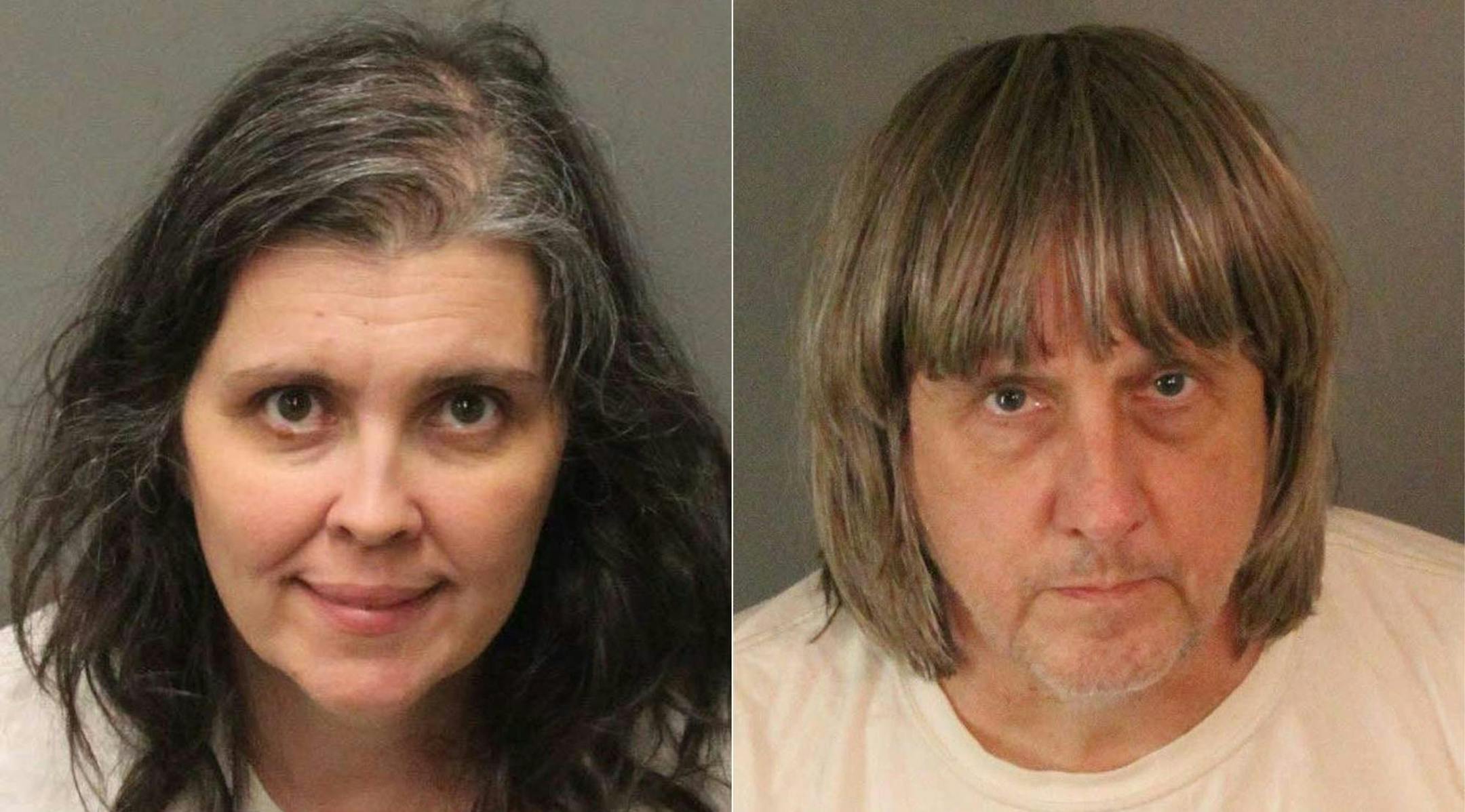 In a photo provided by law enforcement, Louise Anna Turpin, left, and David Allen Turpin, who have been charged with nine counts of torture and child endangerment. Their 17-year-old daughter escaped their home in Perris, Calif. and alerted police, who found her 12 siblings, ages 2 to 29, malnourished and abused, some chained to the furniture. (Riverside County Sheriff's Department via The New York Times) -- FOR EDITORIAL USE ONLY --
