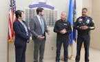 Dan Wolgamott (DFL - St. Cloud) and Tama Theis (R - St. Cloud), Mayor Dave Kleis, and Police Chief Blair Anderson spoke during a press conference abou