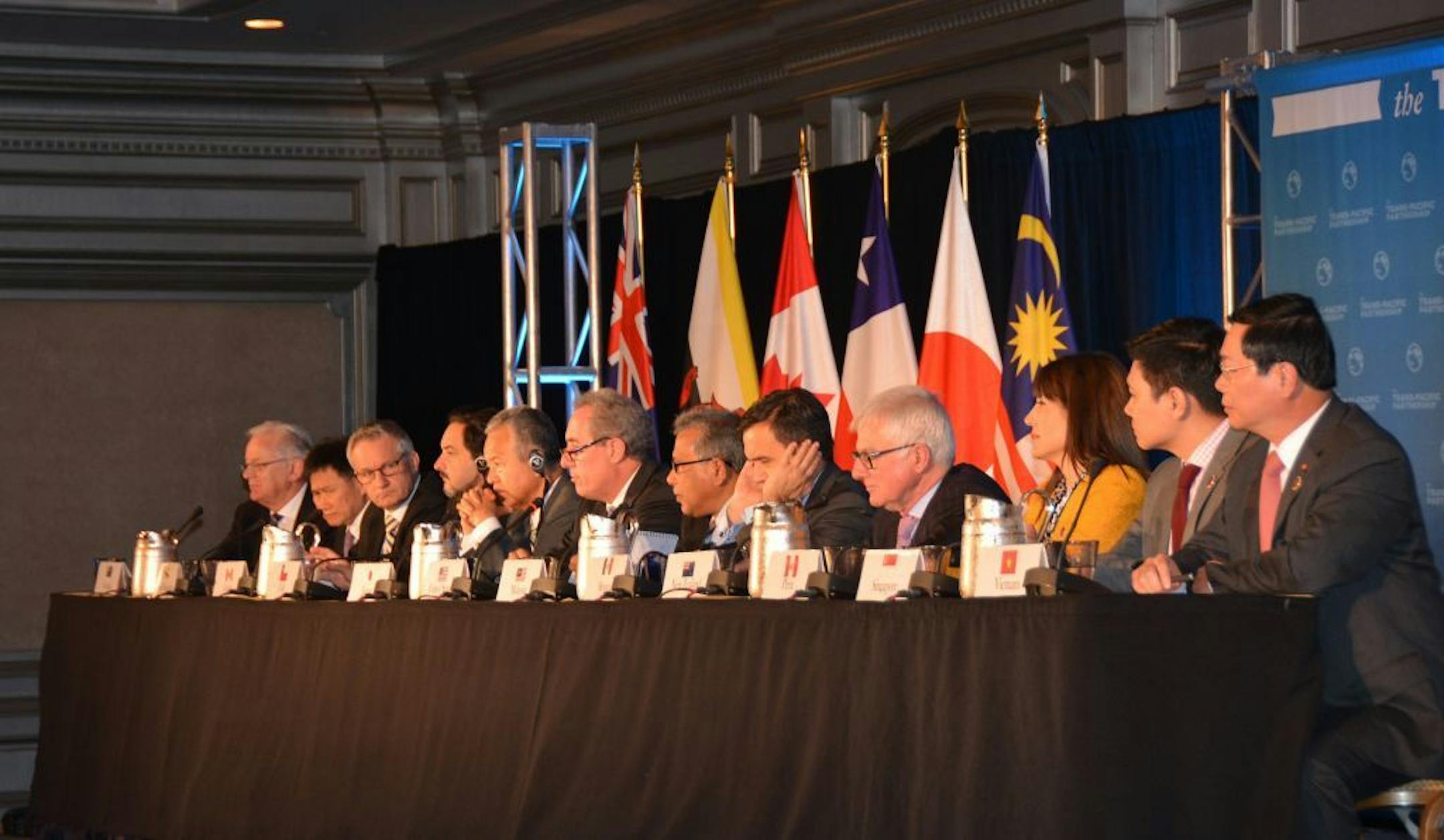 Trade ministers of the United States and 11 other Pacific Rim countries attend a press conference after negotiating the Trans-Pacific Partnership (TPP) trade agreement in Atlanta on Monday, Oct. 5, 2015. The trade ministers "have successfully concluded" the Trans-Pacific Partnership (TPP) free trade talks, U.S. Trade Representative Michael Froman said Monday.