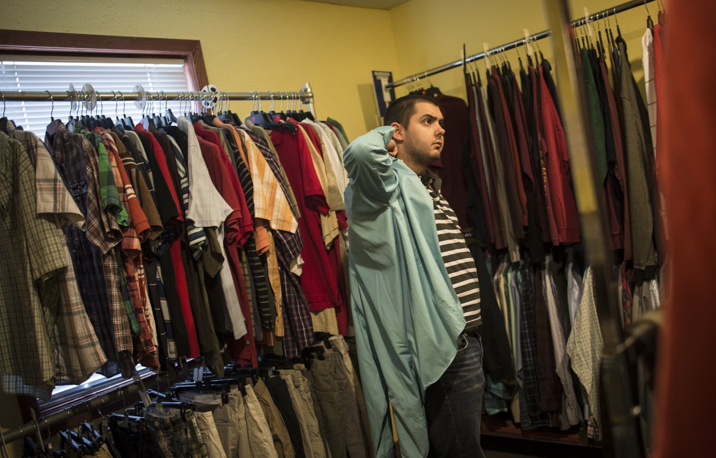 James Burque, of Circle Pines, tried on a dress shirt at Hope4Youth's Anoka drop-in center. He hopes to use it at his new sales job. ] Aaron Lavinsky &#x2022; aaron.lavinsky@startribune.com Suburbs across the metro are now opening an array of new services for young people facing homelessness. Dakota County has opened a new drop-in center where young adults can take a shower, grab a meal, etc. Last week the Coon Rapids planning commission unanimously approved Hope4Youth's plans to open a transiti