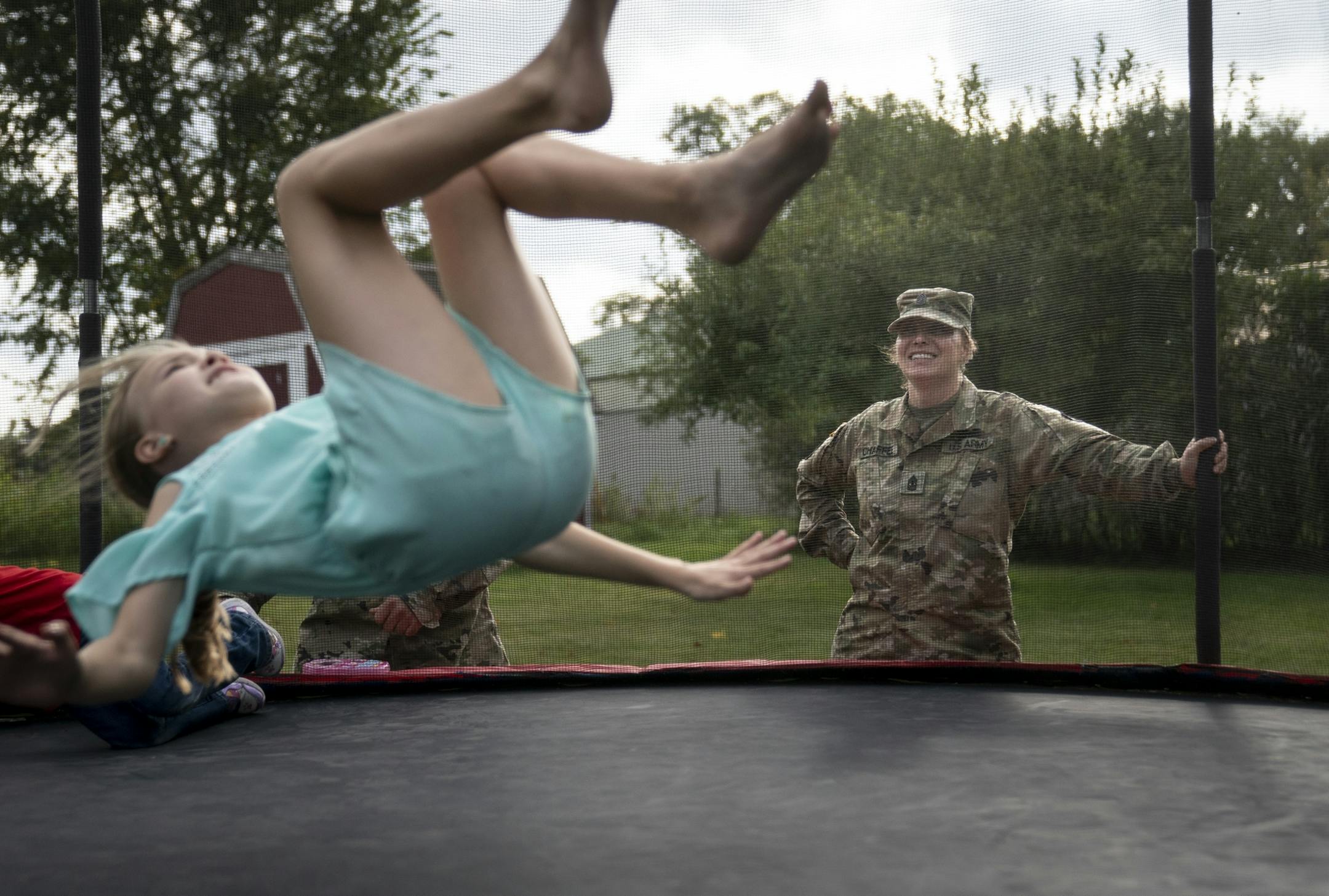 Jeanette Chafee watched her daughter Madison, 8, as she jumped on the trampoline at home in Scandia, Minn., on Wednesday, September 18, 2019.