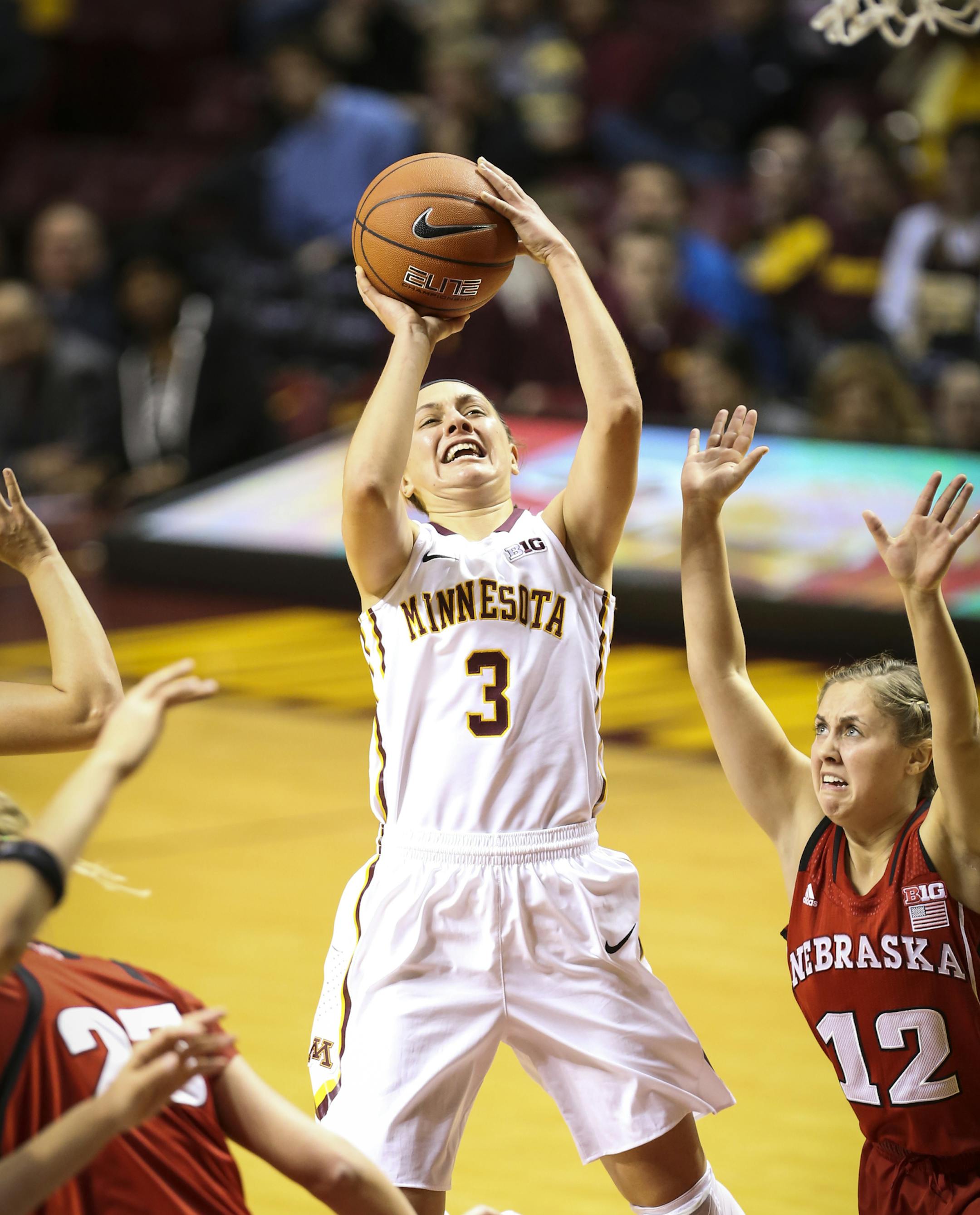 Minnesota's Shayne Mullaney jumped for a shot during the first half. ] RENÉE JONES SCHNEIDER reneejones@startribune.com Gophers women Big Ten season opener vs. Nebraska at Williams Arena at the University of Minnesota in Minneapolis, Minn., on Monday, December 29, 2014.