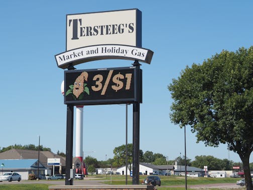 The marquee of a grocery store says Tersteeg's in the town of Redwood Falls, Minn. A former manager at the store is accused of criminal sexual contact with employees.