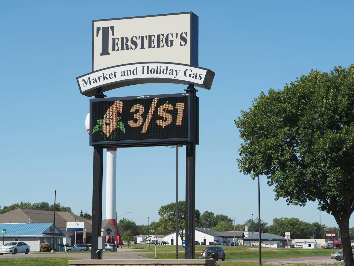 The marquee of a grocery store says Tersteeg's in the town of Redwood Falls, Minn. A former manager at the store is accused of criminal sexual contact with employees.