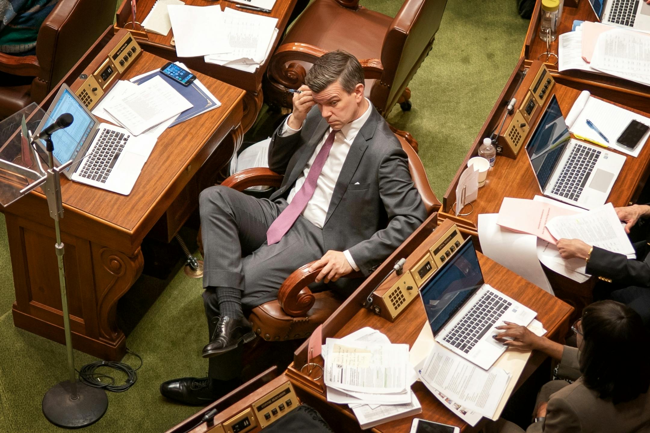 Majority Leader Ryan Winkler, D-Golden Valley listened as the House slogged through over a hundred amandments to the omnibus education bill on the House floor. The House was expected to take up their omnibus jobs and energy bill after this one.