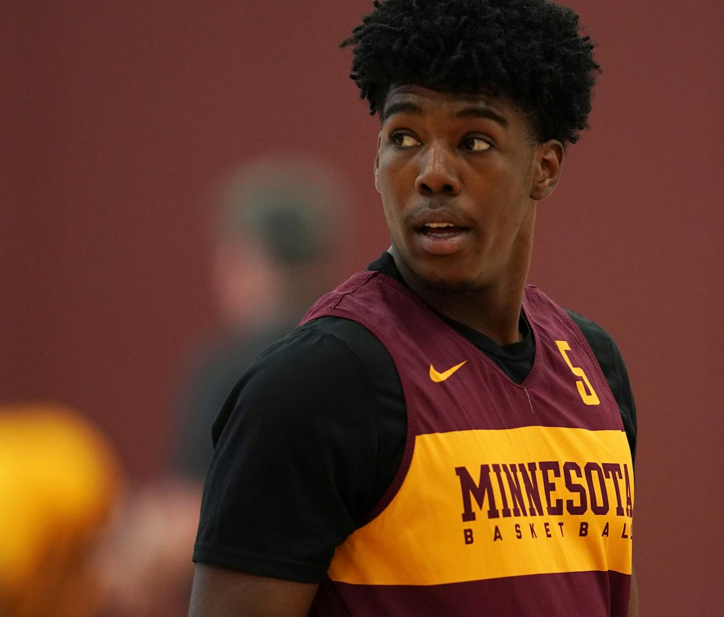 Minnesota Golden Gophers guard Marcus Carr (5) watched during Thursday's practice. ] ANTHONY SOUFFLE &#x2022; anthony.souffle@startribune.com The University of Minnesota Gophers men's basketball team held an open practice Thursday, Aug. 1, 2019 at the Bierman Field Athletic Building in Minneapolis before leaving for Italy.