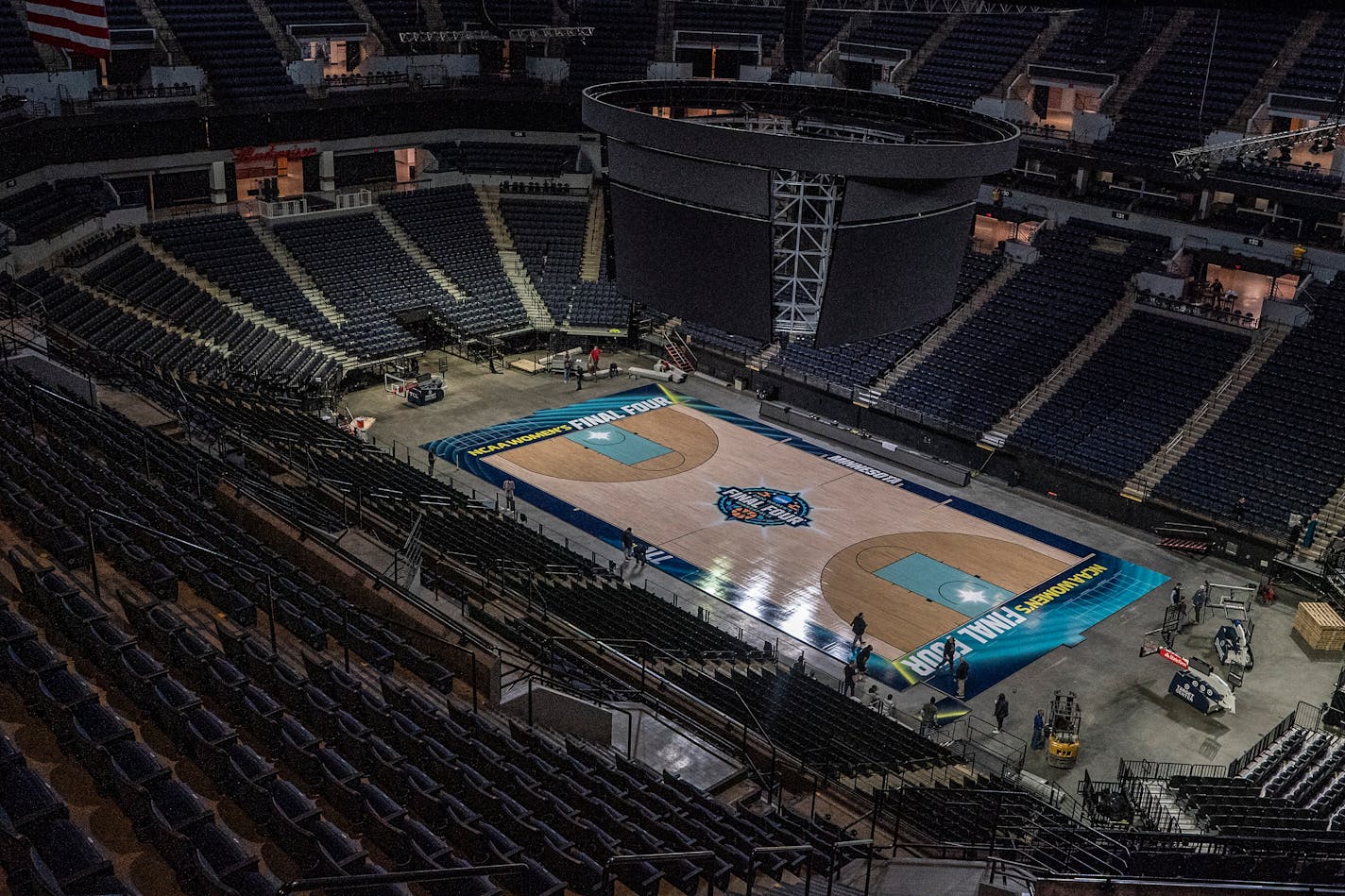 The Women's Final Four Official Court was installed at Target Center early Sunday morning in Minneapolis, Minn., on Sunday, March 27, 2022.