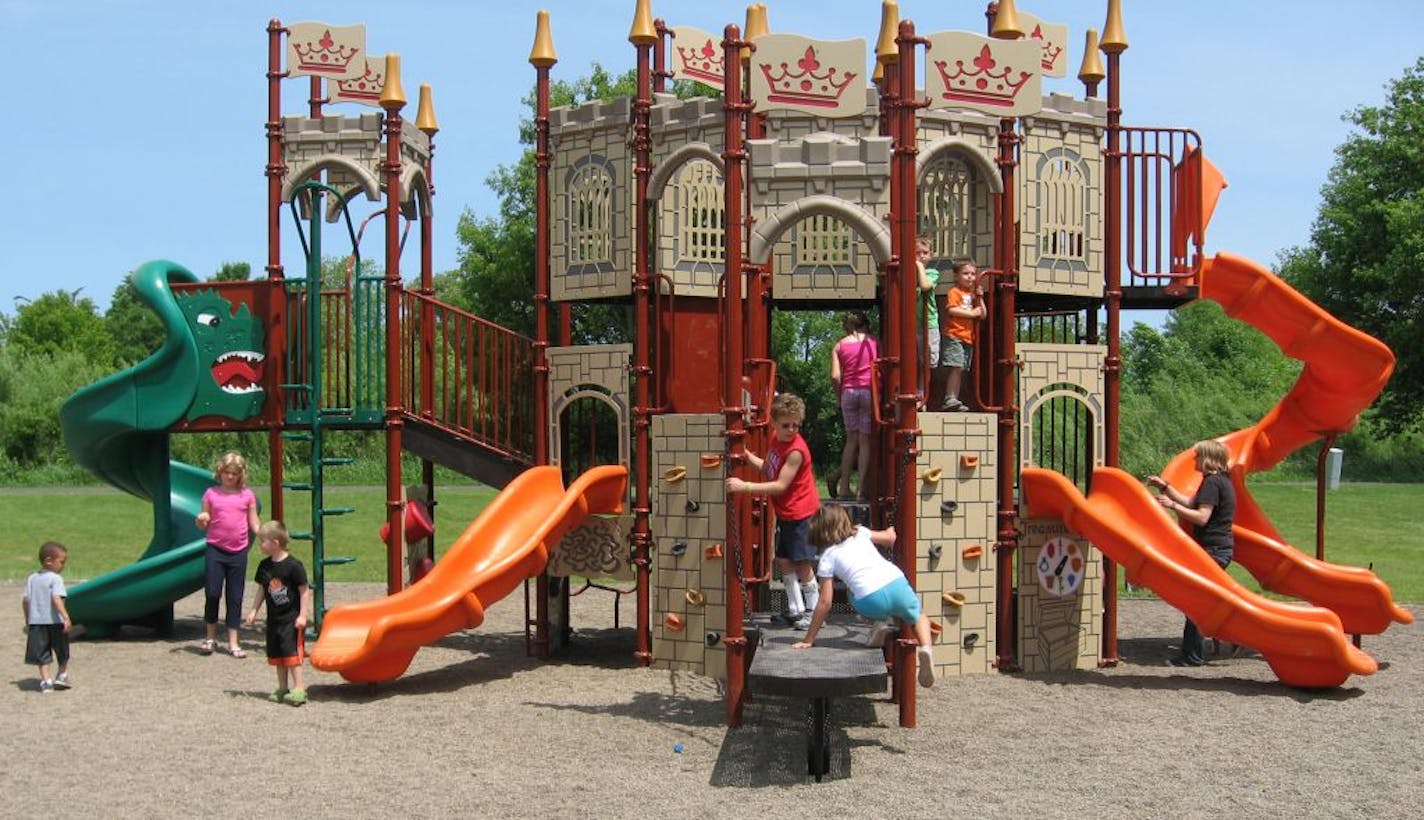 This castle playground in Farmington cost $60,000. These remarkable playgrounds also are unusual for being built in a time of shrinking budgets.