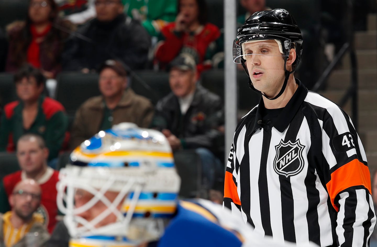 Former Minnesota State Mankato player Jake Brenk is one of nine referees splitting between the NHL and AHL. ] CARLOS GONZALEZ cgonzalez@startribune.com - December 11, 2016, St. Paul, Minnesota, NHL Hockey, Xcel Energy Center, Minnesota Wild vs. St. Louis Blues ORG XMIT: MIN1612122101053621