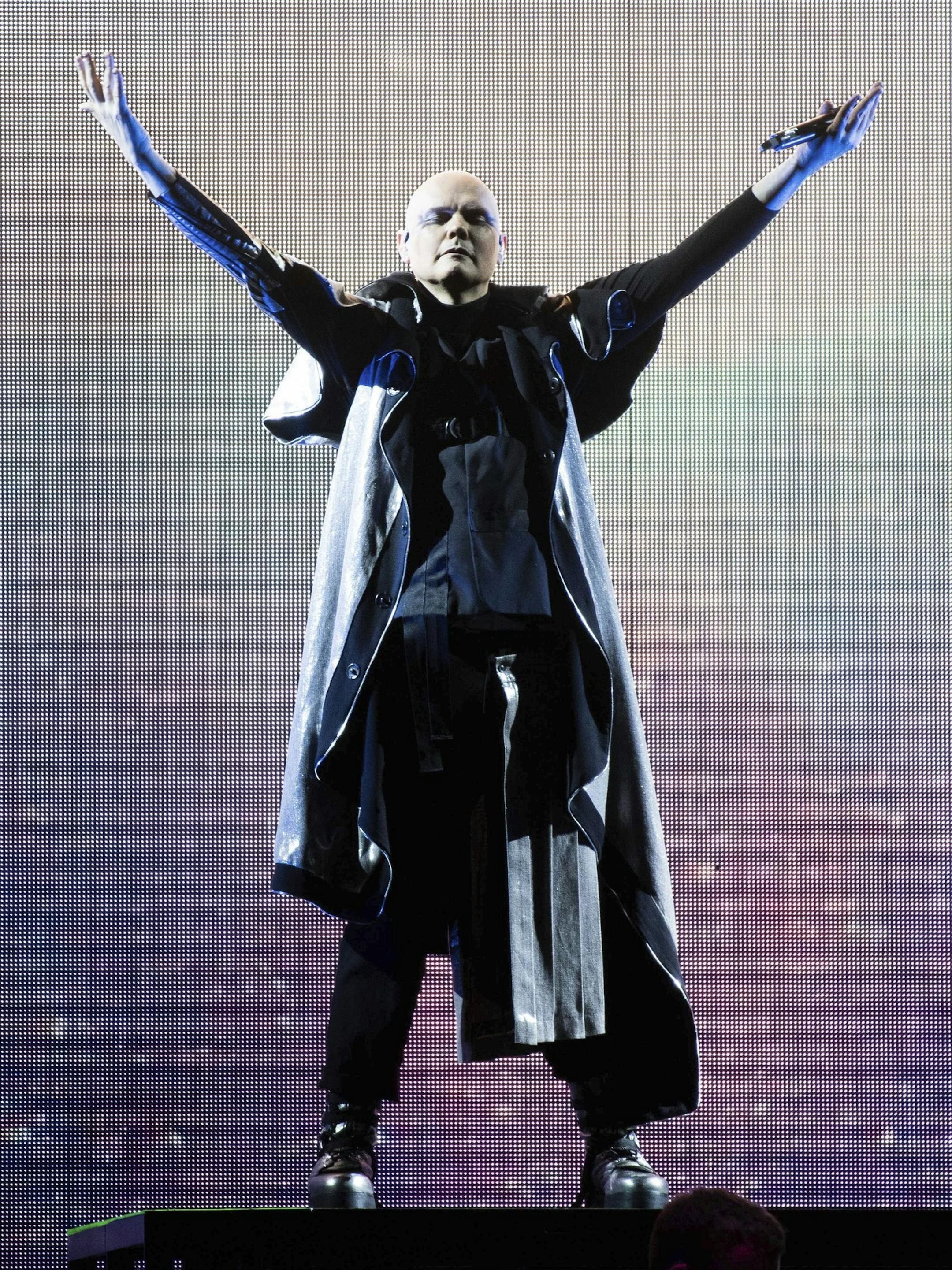 Billy Corgan, of Smashing Pumpkins, performs on stage at the Infinite Energy Center, Sunday, July 22, 2018, in Duluth, Ga. (Photo by Paul R. Giunta/Invision/AP)