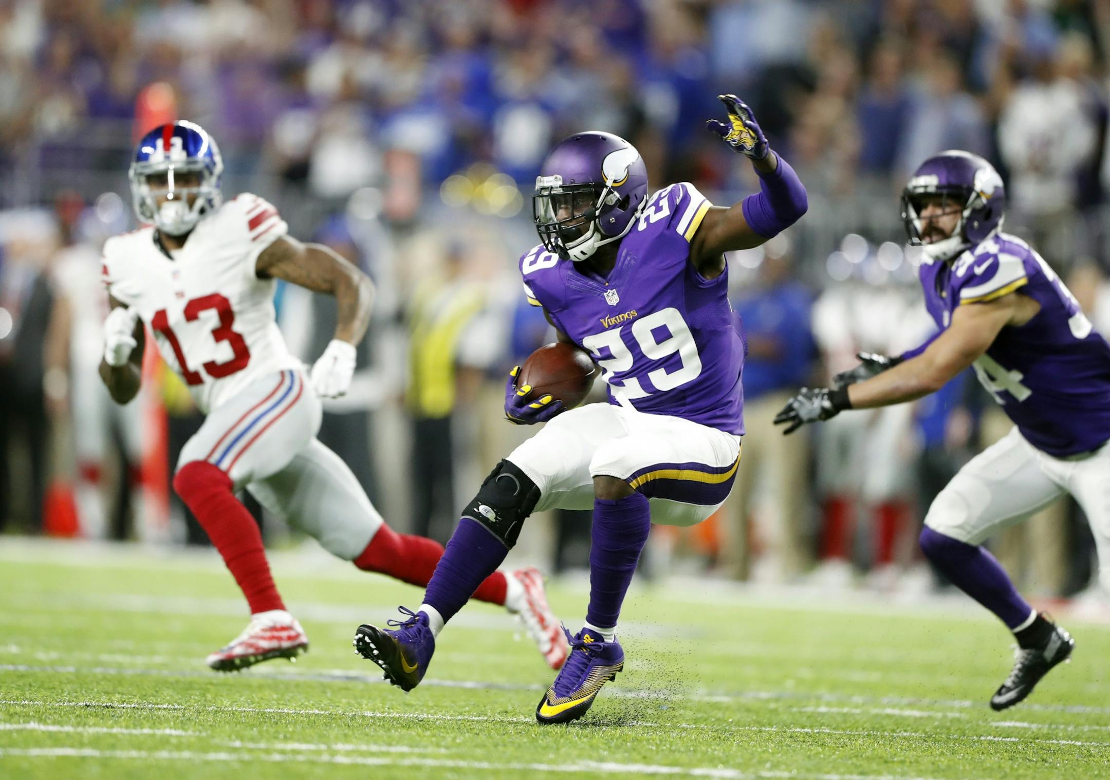 Minnesota Vikings cornerback Xavier Rhodes (29) intercepted a pass intended for New York Giants wide receiver Odell Beckham (13) in the third quarter US Bank Stadium October 3, 2016 in Minneapolis, MN.